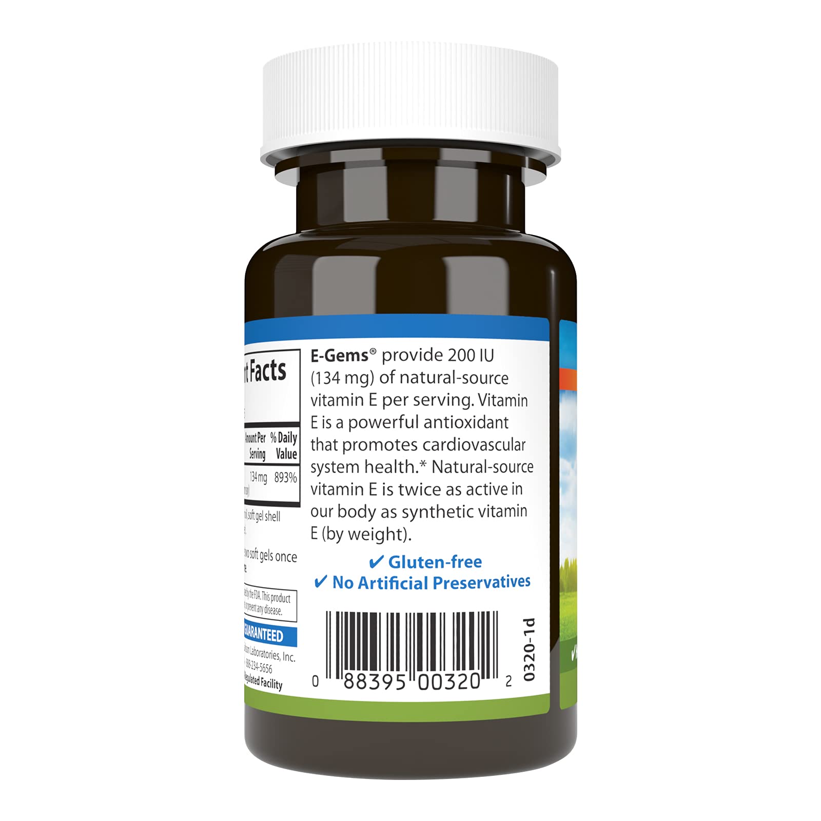 Carlson E-Gems : tableau nutritionnel indiquant les apports et portions recommandées.