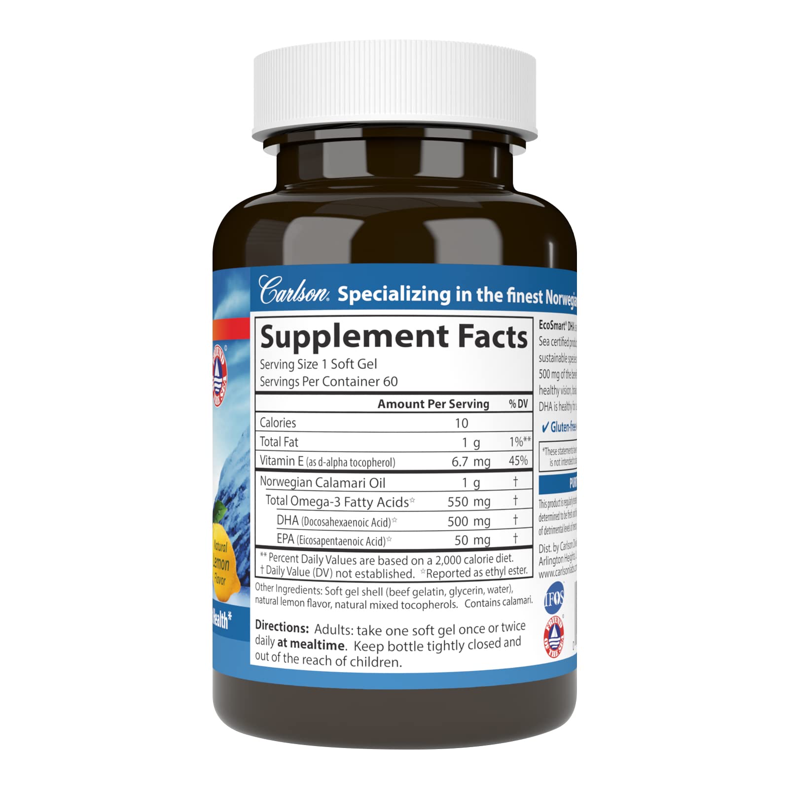 Carlson EcoSmart DHA 500 – étiquette indiquant l origine durable du produit