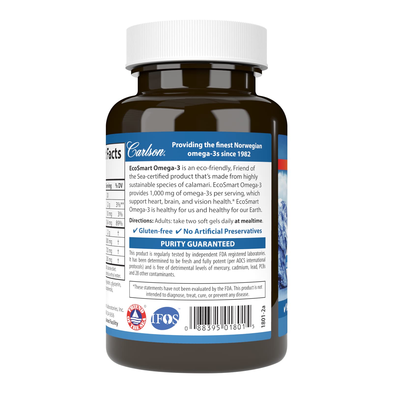 Carlson EcoSmart Omega-3 étiquette et certifications garantissant durabilité et qualité.