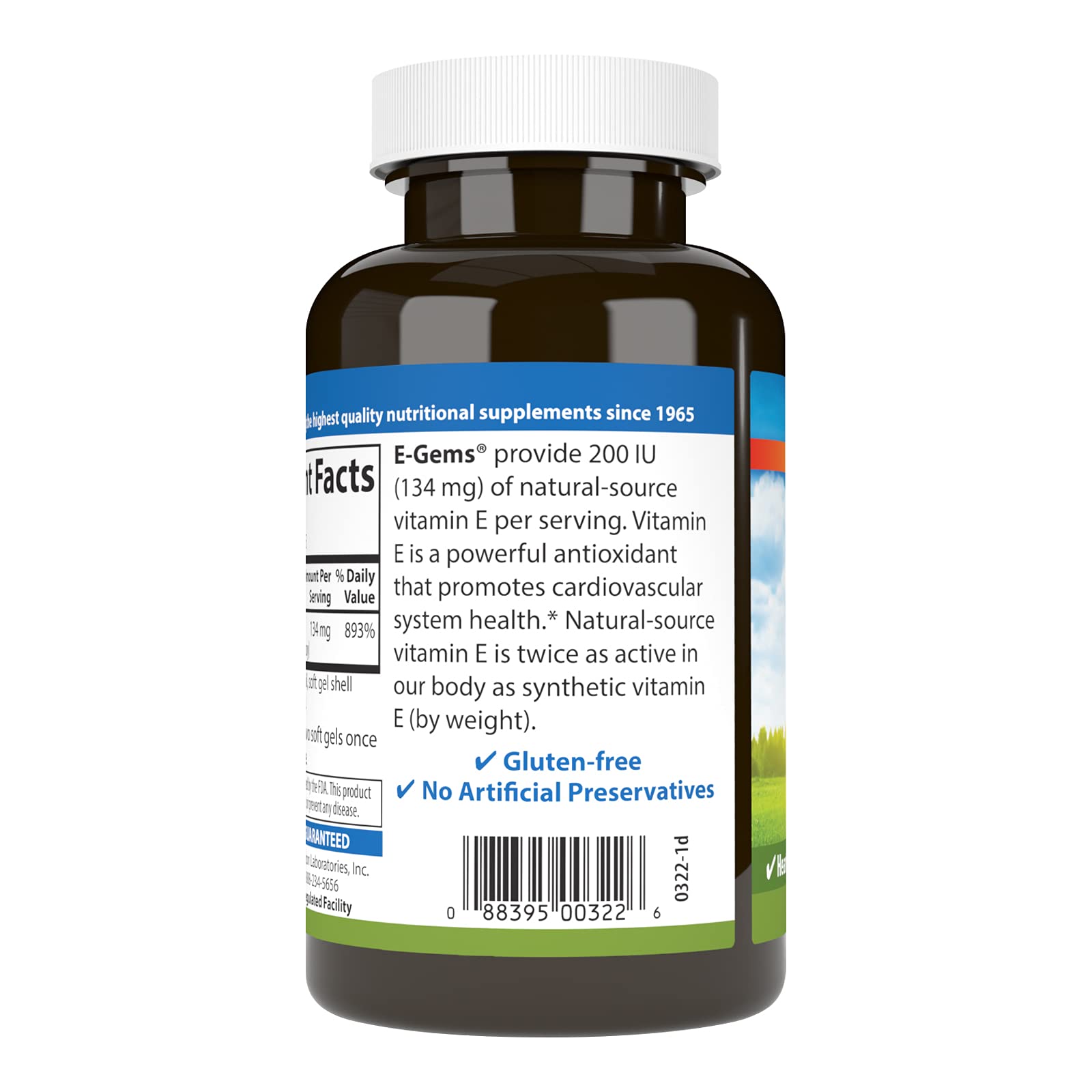 Étiquette Carlson E-Gems montrant vitamine E naturelle de qualité.