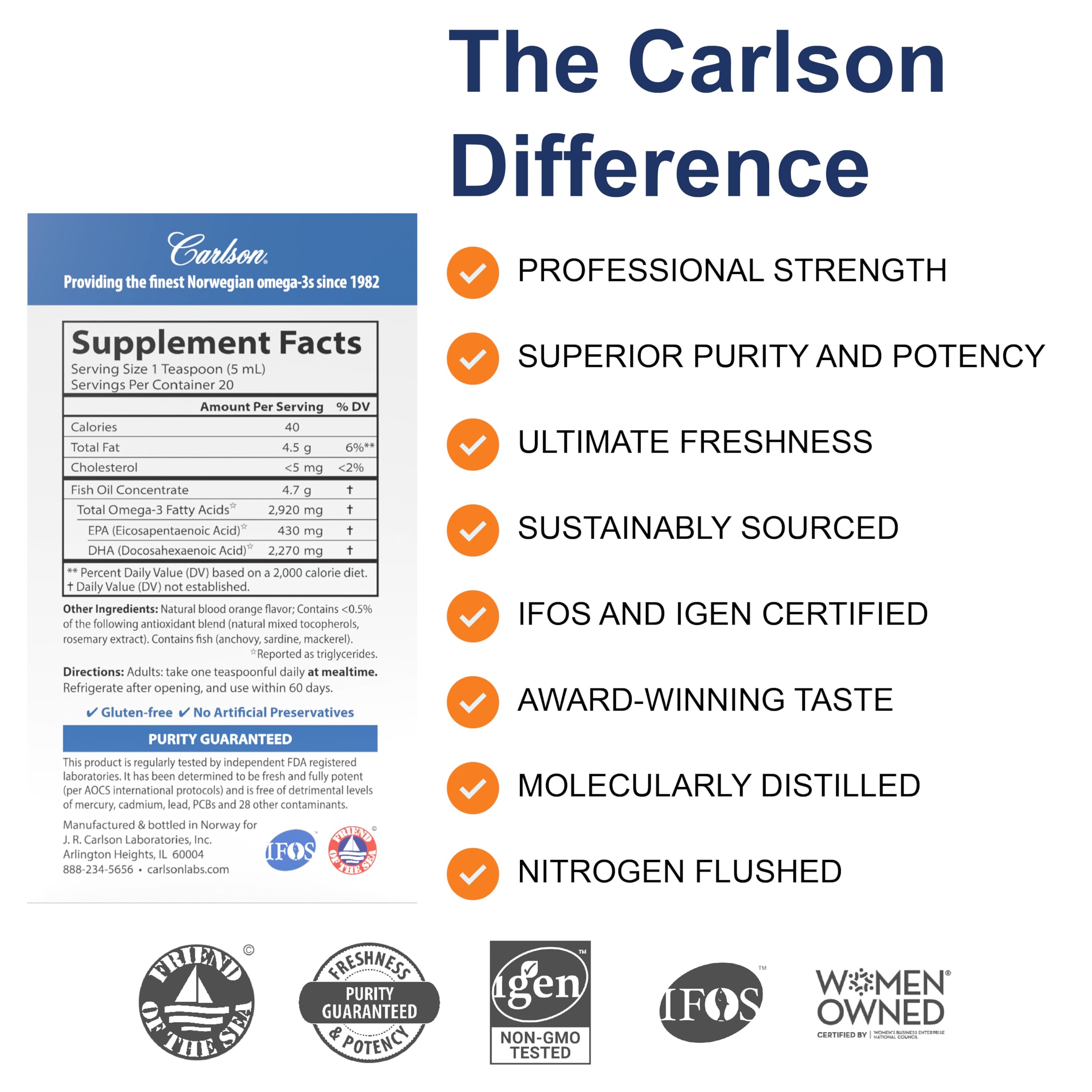 Carlson Elite DHA bouteille avant étiquette, certifications sans OGM visibles.
