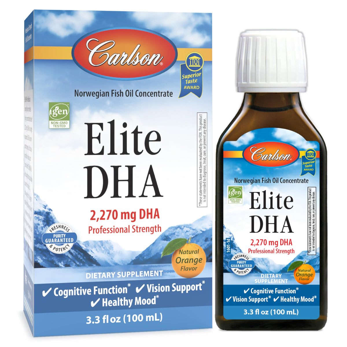 Carlson Elite DHA versement orange, goût agréable et apport en acides gras essentiels.