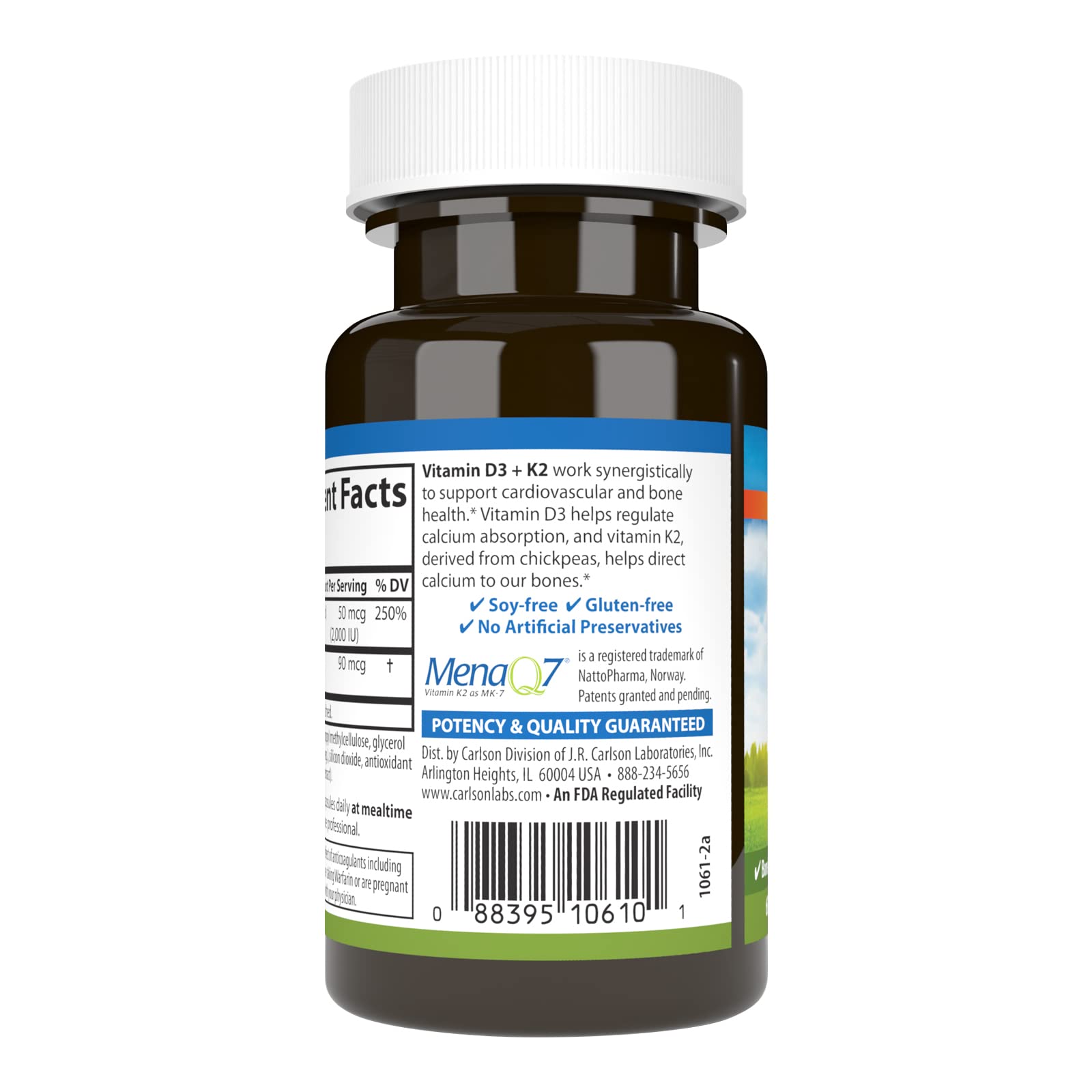 Carlson vitamine D3 K2, étiquette claire, information produit utile pour la routine quotidienne