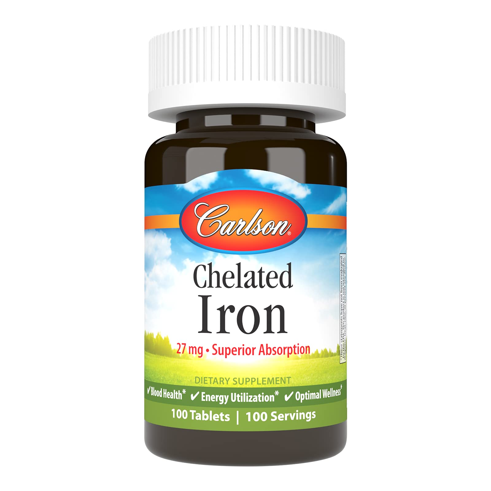 Carlson Fer Bisglycinate, flacon 27 mg, soutien santé sanguine et énergie.