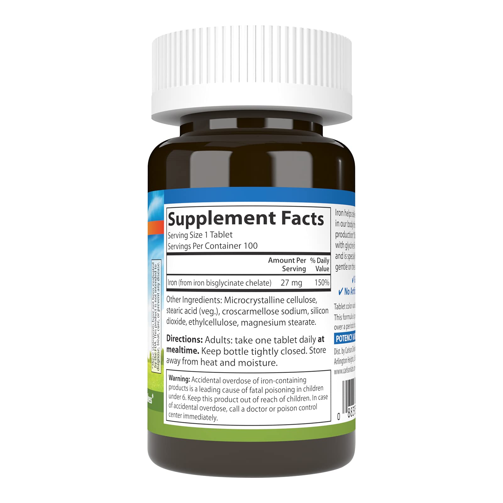 Carlson Fer Bisglycinate, tablettes 100 comprimés, prise quotidienne facile.