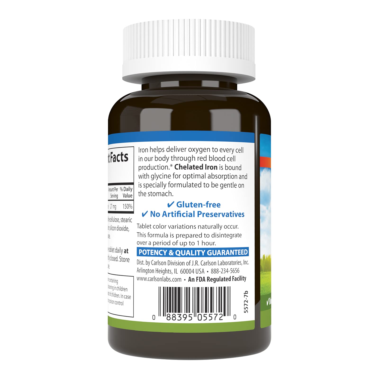 Étiquette Carlson Fer chélaté indiquant dosage et conseils d'utilisation.