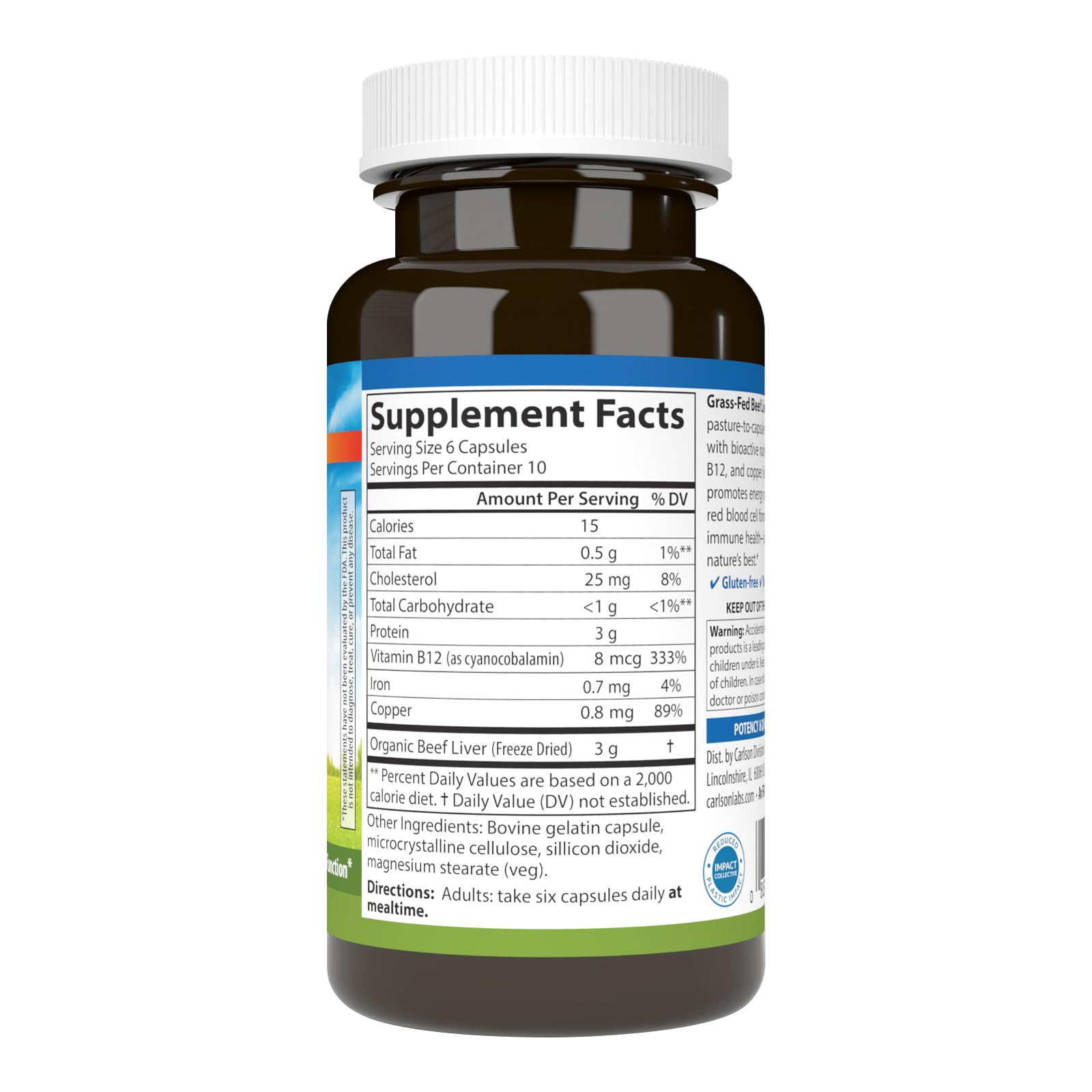 Carlson foie boeuf naturel b12 cuivre en capsule source de nutriments clés pour la vitalité