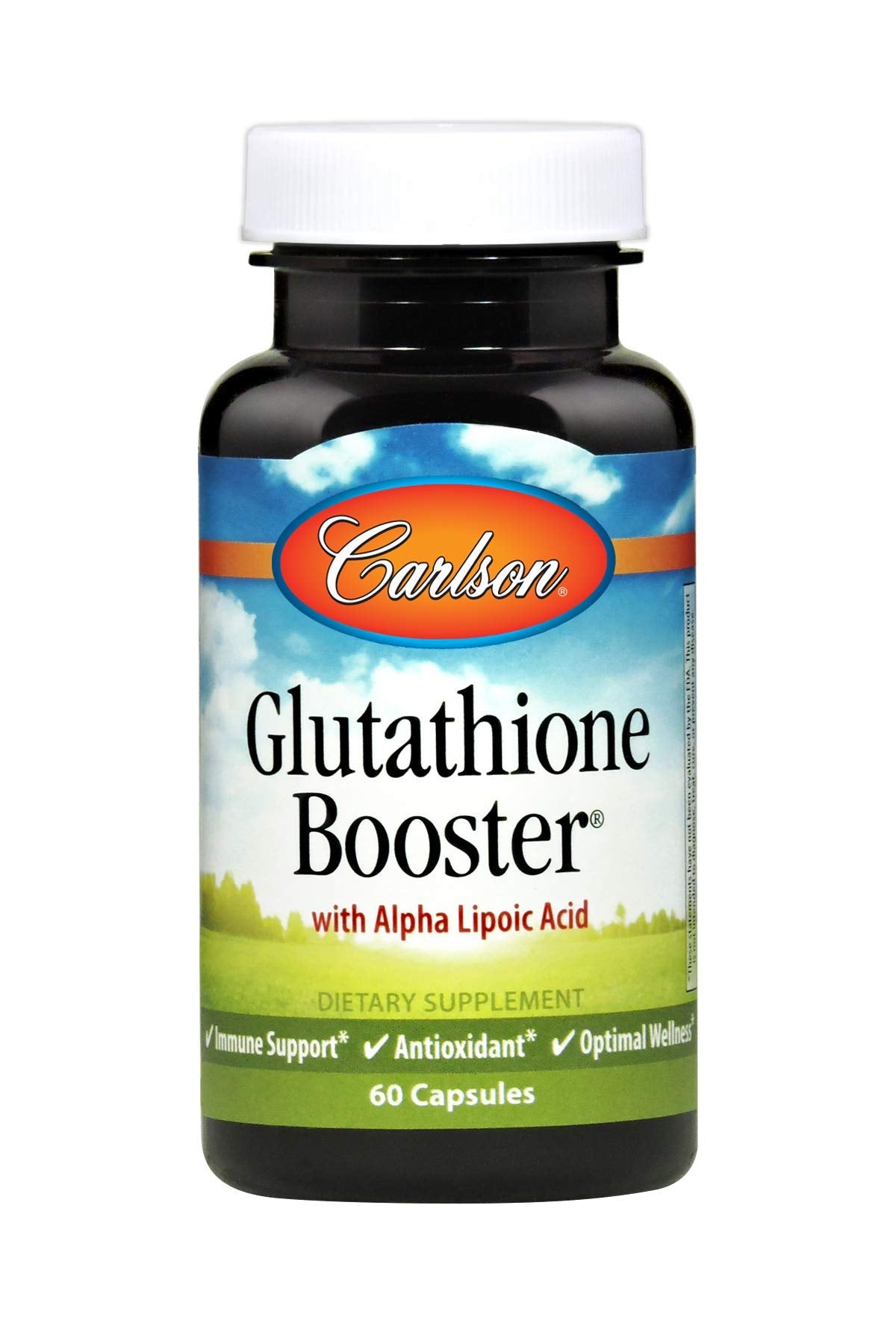Carlson Glutathione Booster: flacon élégant sur fond neutre, soutien potentiel du système immunitaire.