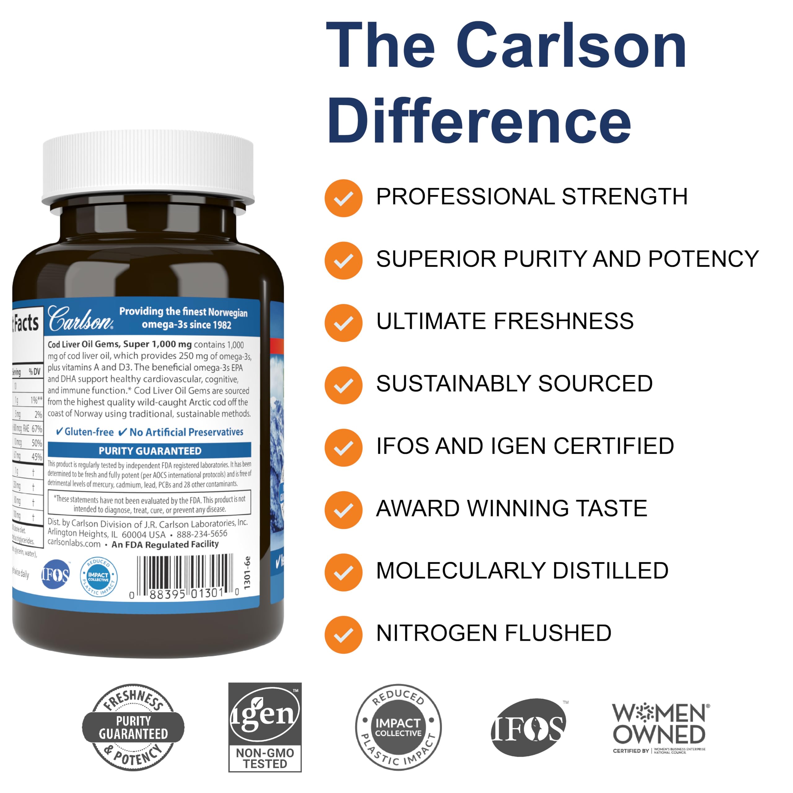 Carlson Huile de foie de morue, oméga-3 360 mg par portion, soutien potentiel à l'énergie.