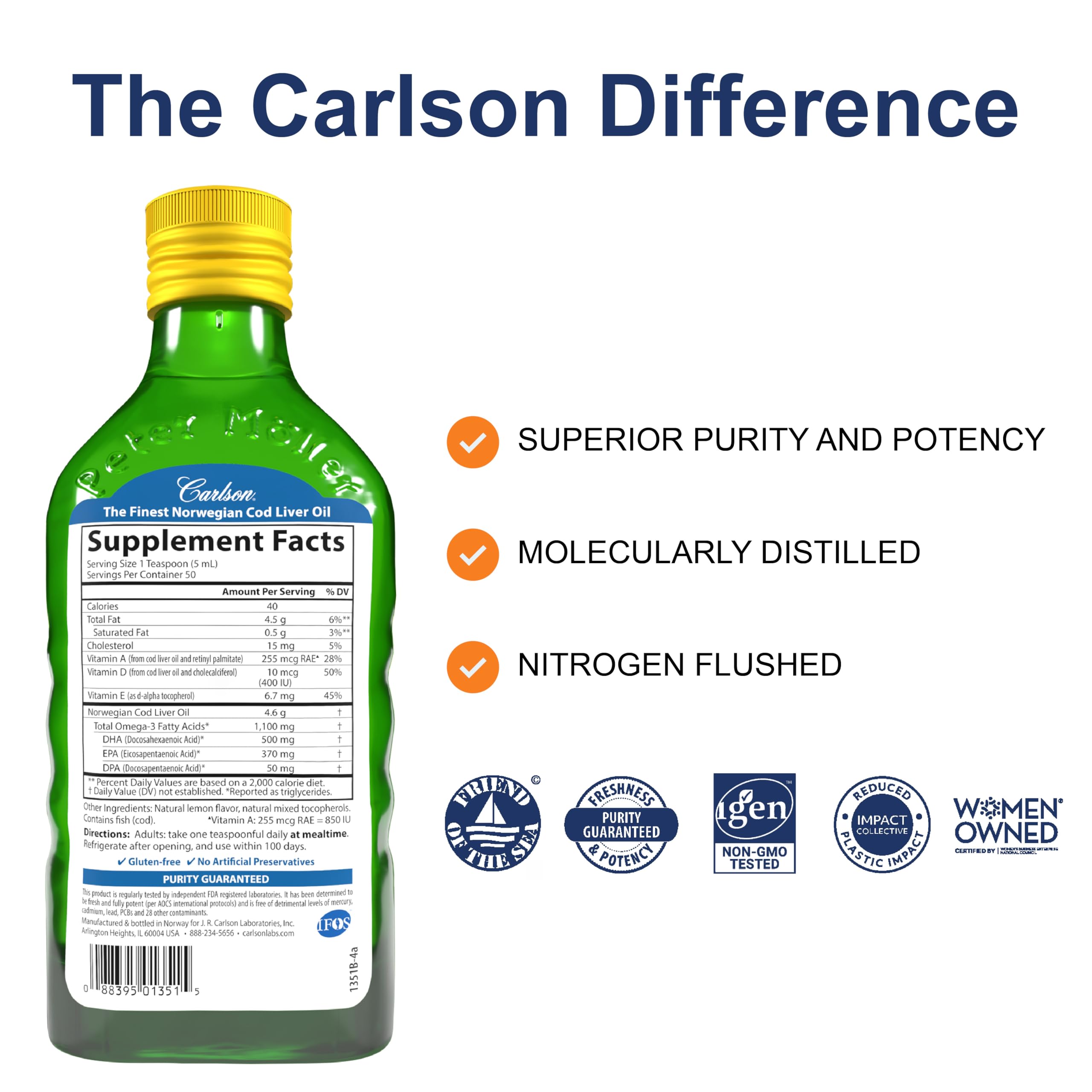 Carlson huile foie de morue, étiquette lisible, pratique pour un dosage quotidien.