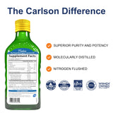 Carlson huile foie de morue, étiquette lisible, pratique pour un dosage quotidien.