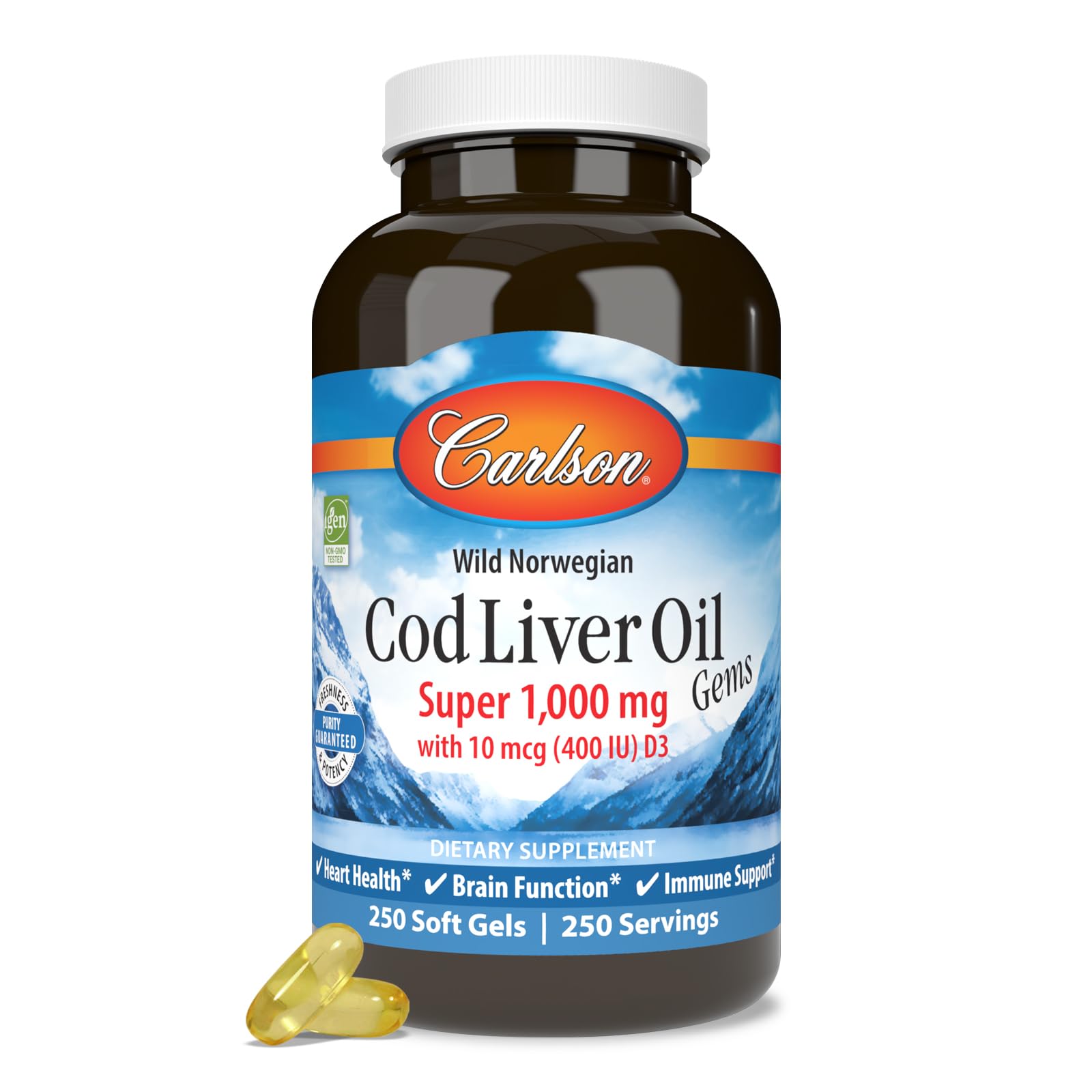 Carlson huile foie morue gems: bouteille et capsules riches en omega-3.