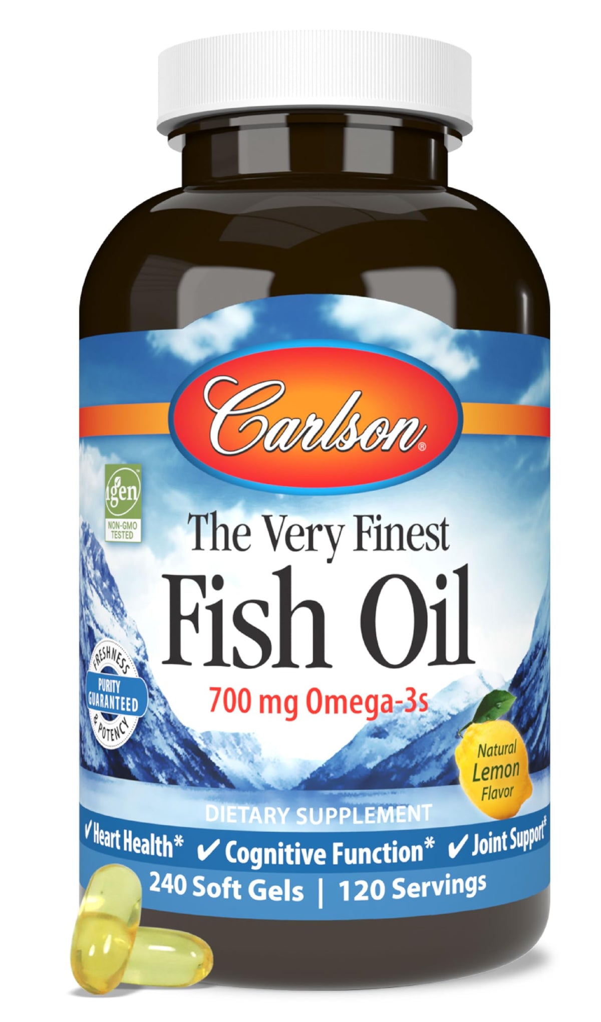 Carlson huile poisson norvégienne en bouteille, soutien au bien-être quotidien.