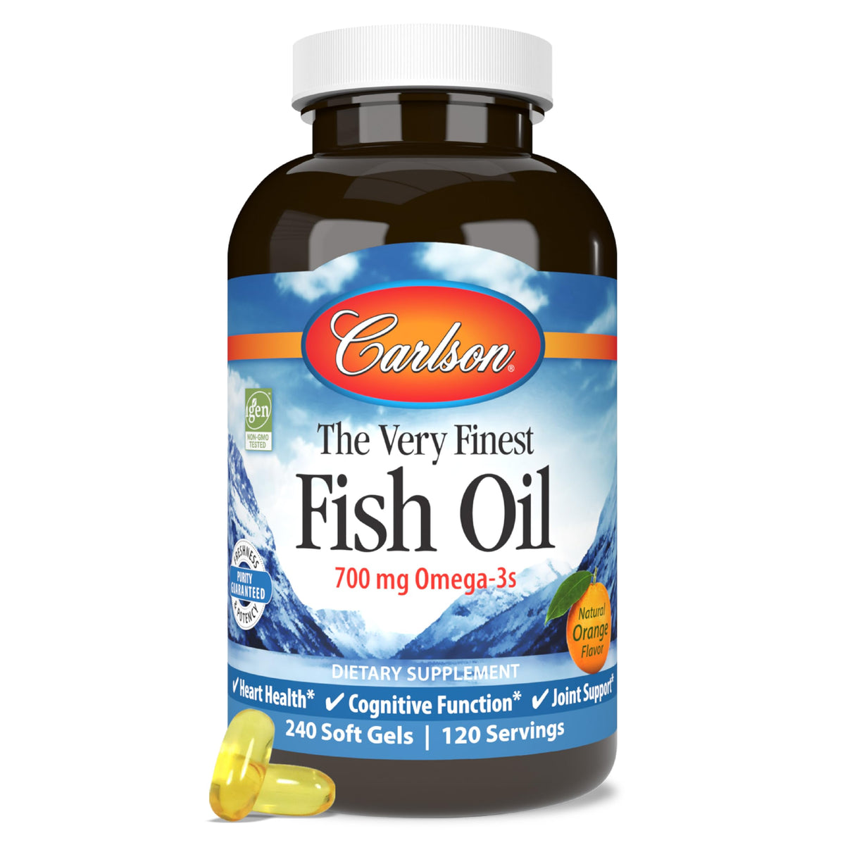 Carlson huile-poisson orange, bouteille pratique pour les routines quotidiennes.