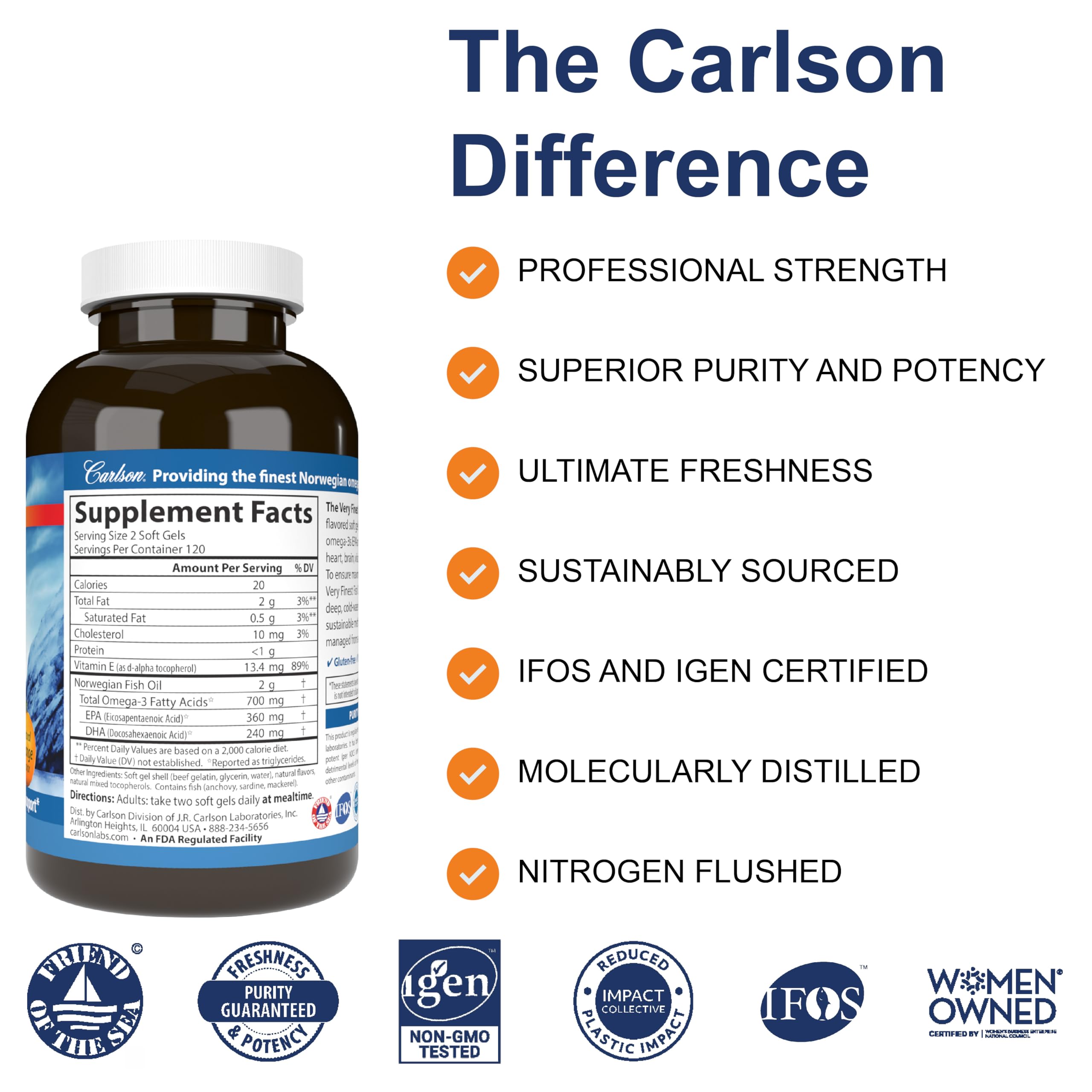 Carlson huile-poisson orange, capsules faciles à prendre lors des repas.