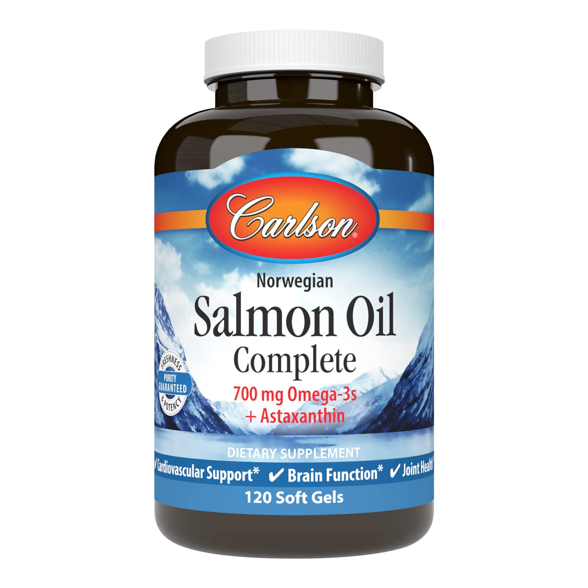 Carlson huile saumon complete, versement sur la bouteille, prise facile.