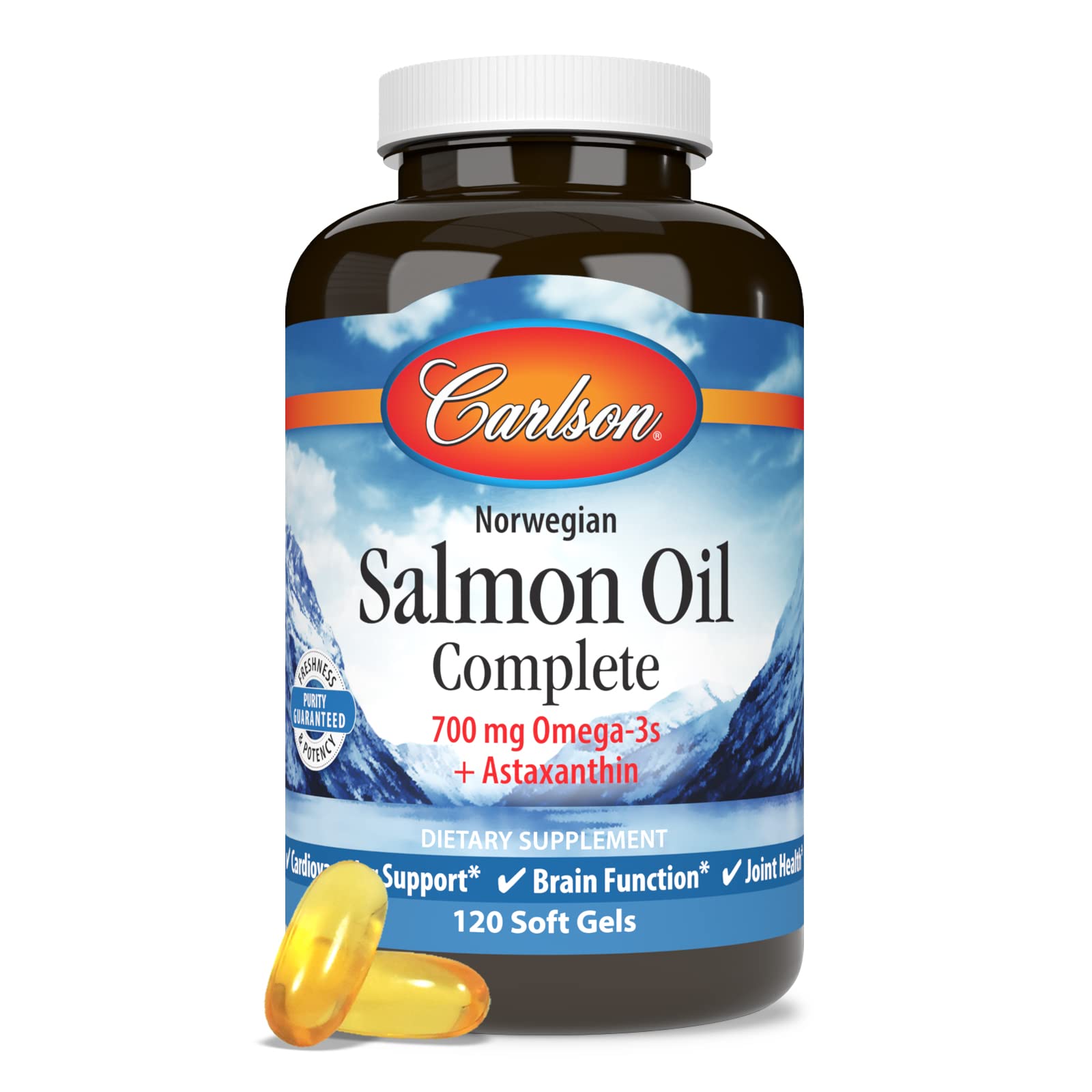 Carlson huile saumon complete, cuillère-mesure pratique pour le dosage.