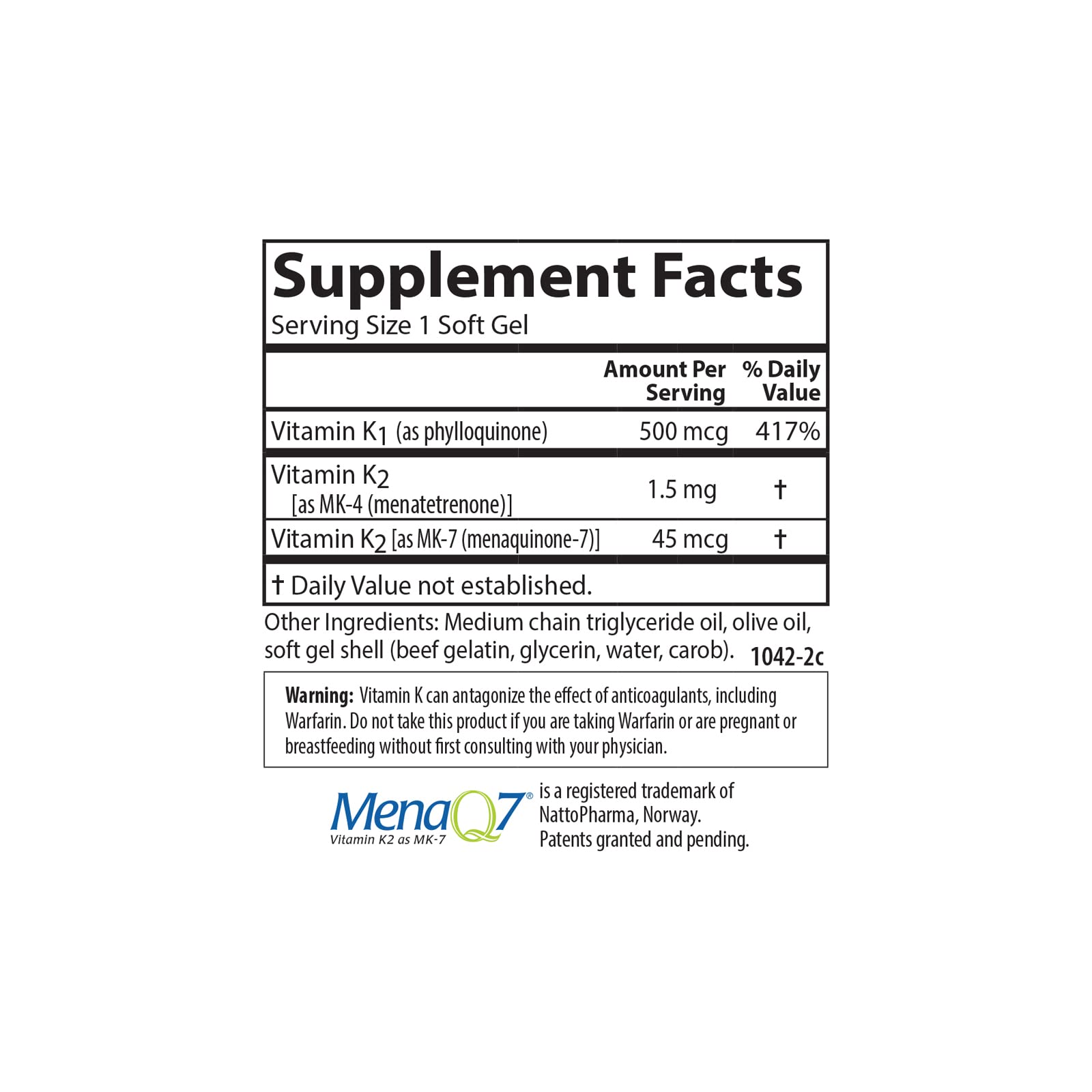Carlson K Complete Softgels - étiquette démontrant la qualité et la conformité FDA