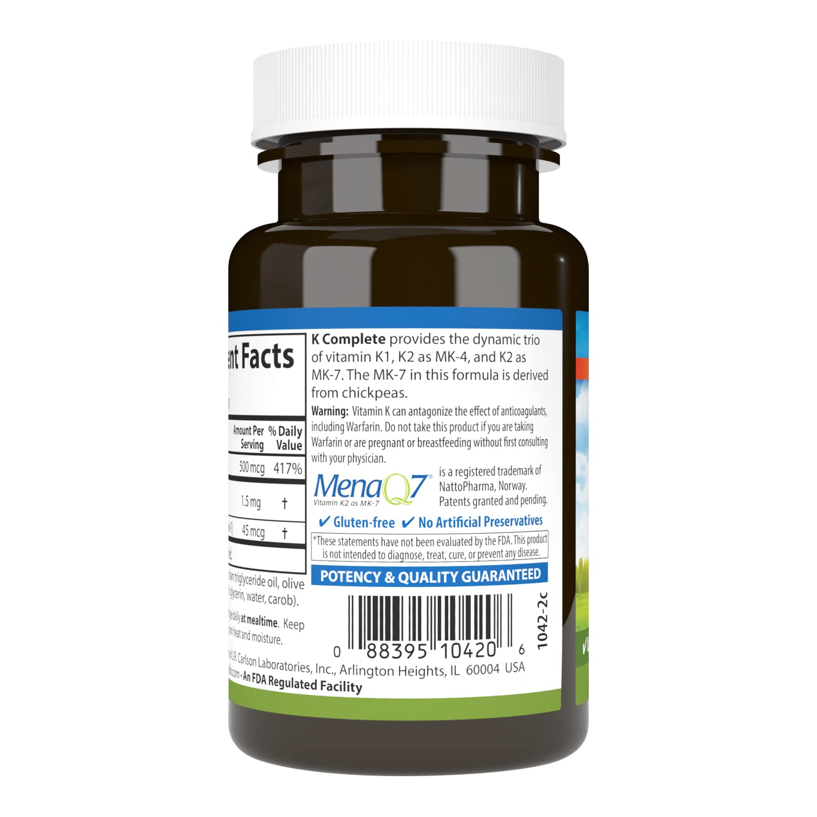 Carlson K Complete Softgels - ingrédients K1 MK-4 MK-7 affichés pour un apport vitaminé