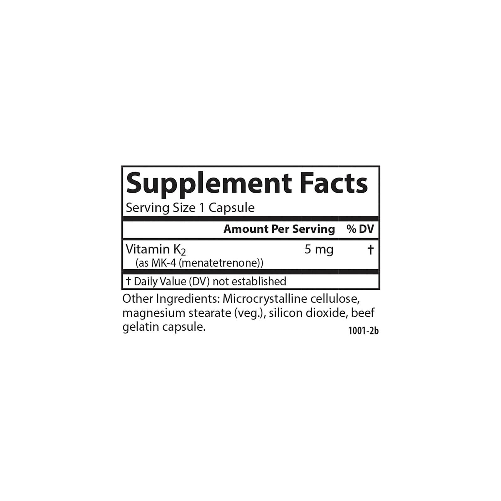 Carlson K2 MK-4 5 mg — étiquette claire affichant dosage et qualité