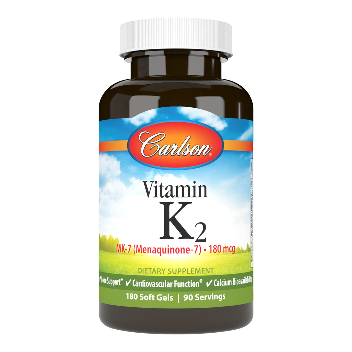 Carlson K2 MK-7 180 mcg en bouteille, soutien potentiel de la santé osseuse.
