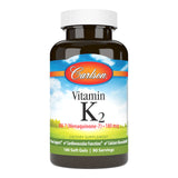Carlson K2 MK-7 180 mcg en bouteille, soutien potentiel de la santé osseuse.