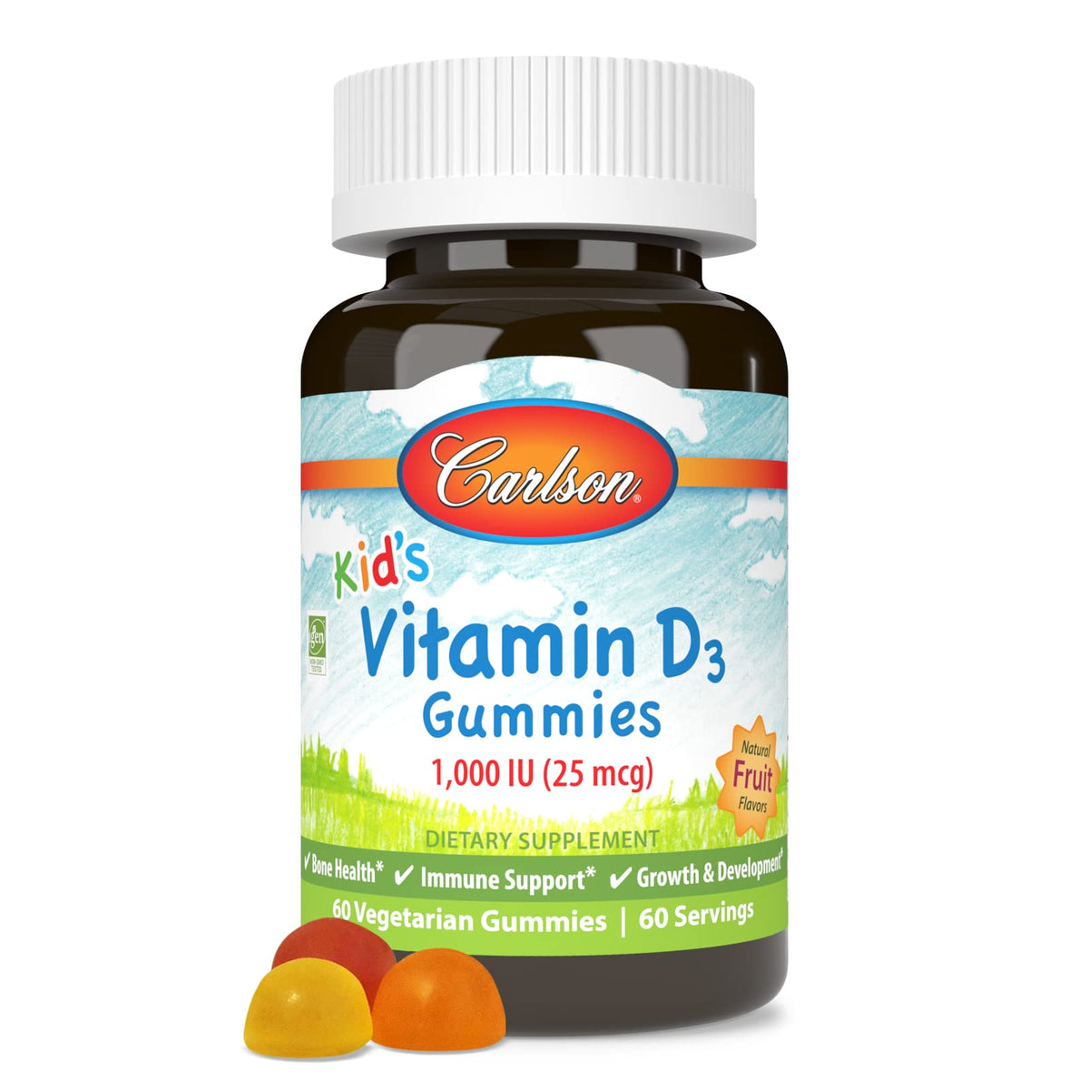 Carlson gommes D3 pour enfants, bouteille fermée, soutien potentiel des os.