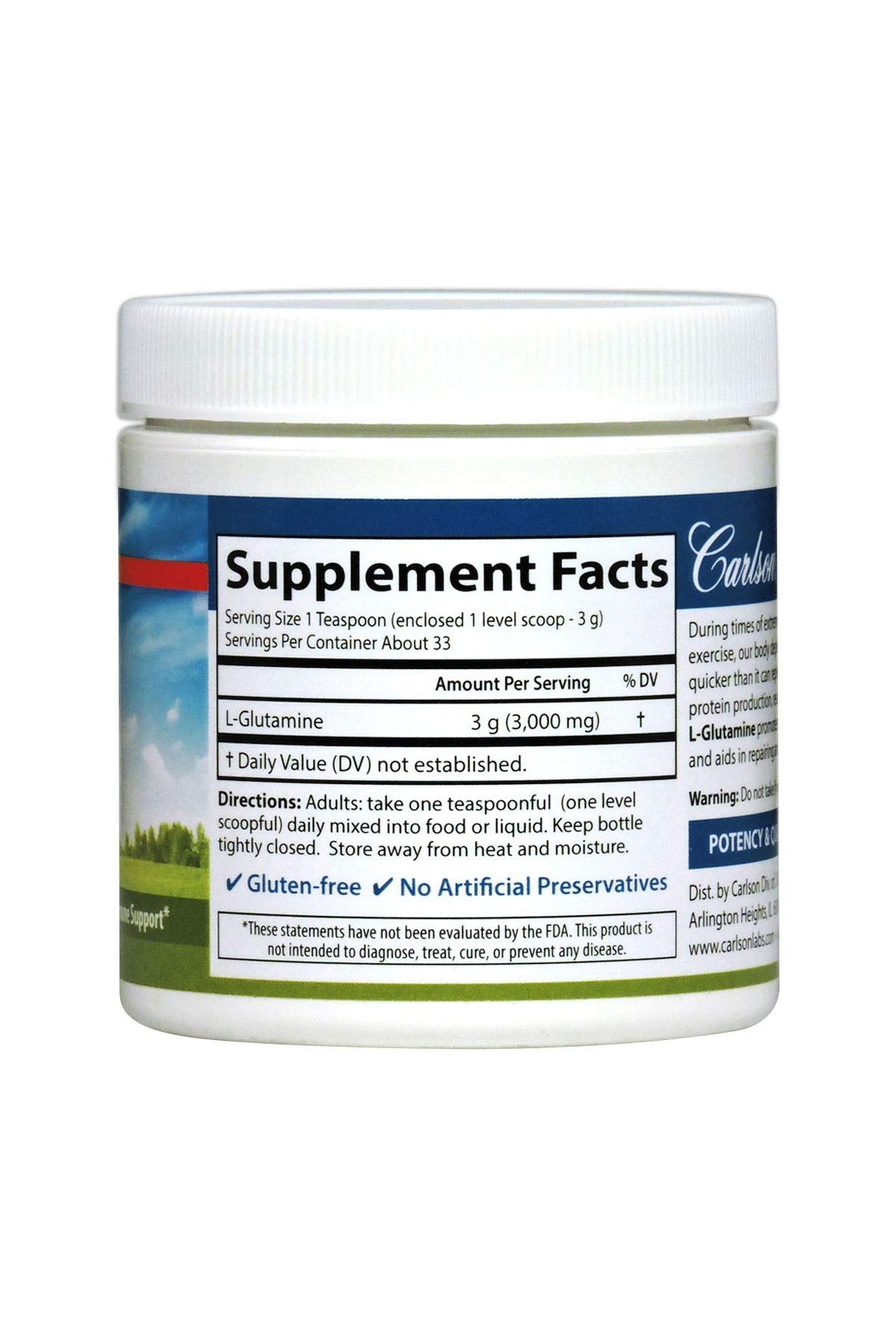 Carlson L-Glutamine en poudre, mélange facile dans l'eau pour un apport protéique