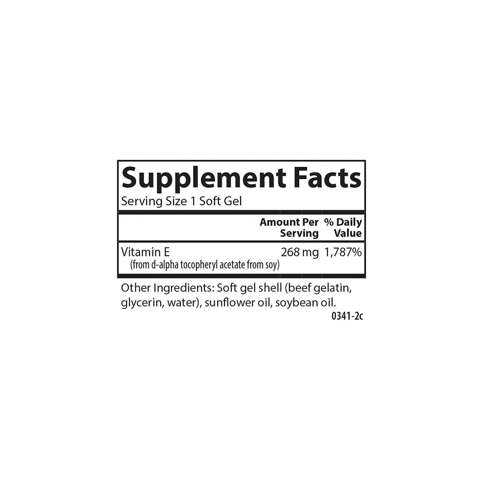 Étiquette Carlson E-Gems détaillant ingrédients et valeurs nutritionnelles.
