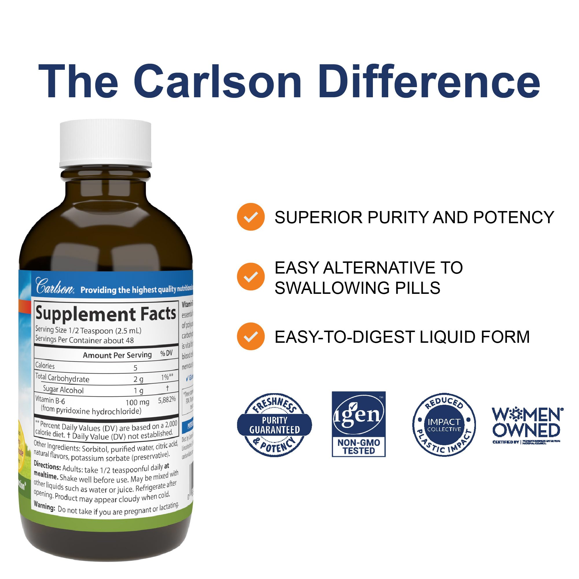Carlson Labs Vitamine B-6 liquide - pipette doseuse facilitant le dosage quotidien.