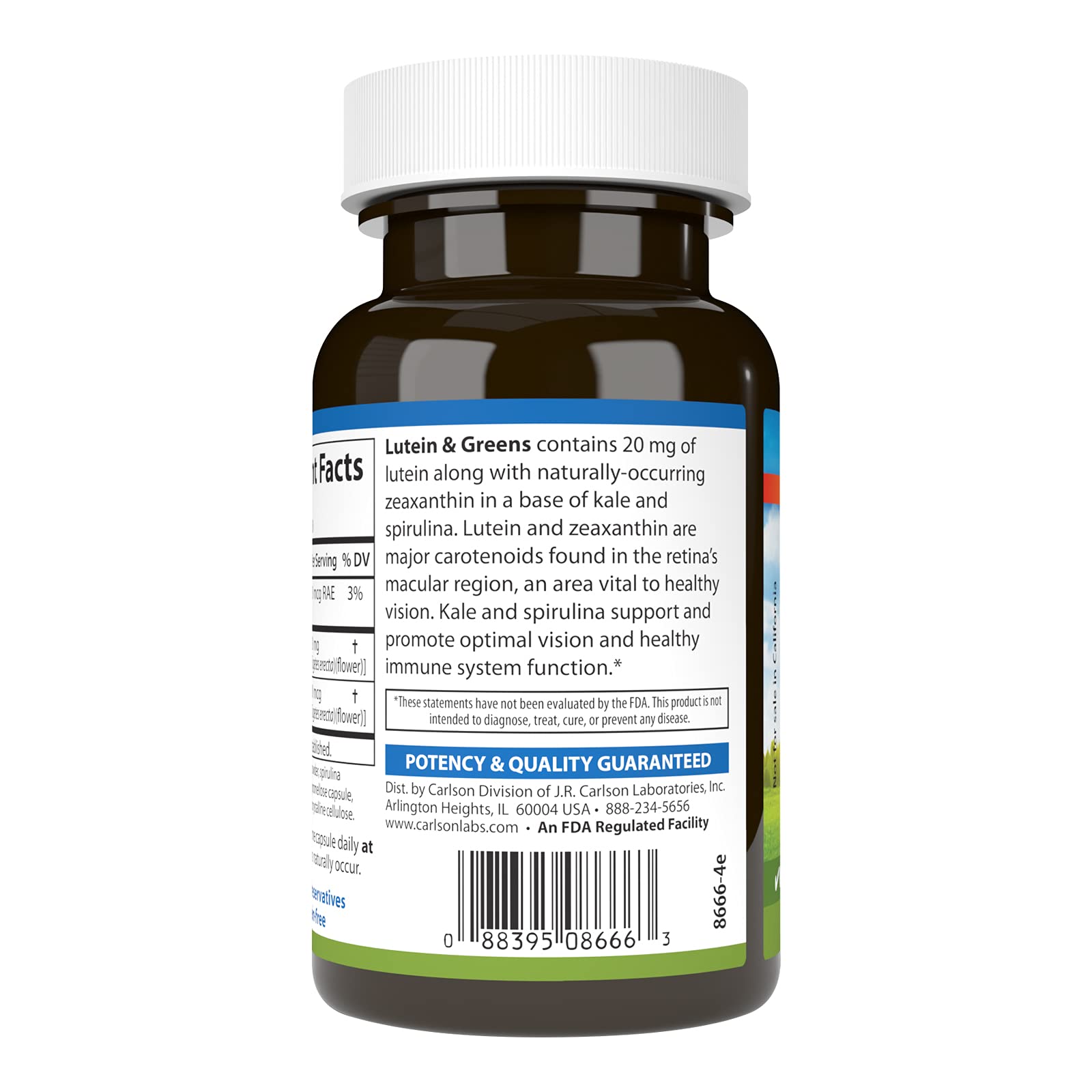 Carlson Lutein et Greens — flacon transparent montrant la qualité du complément.