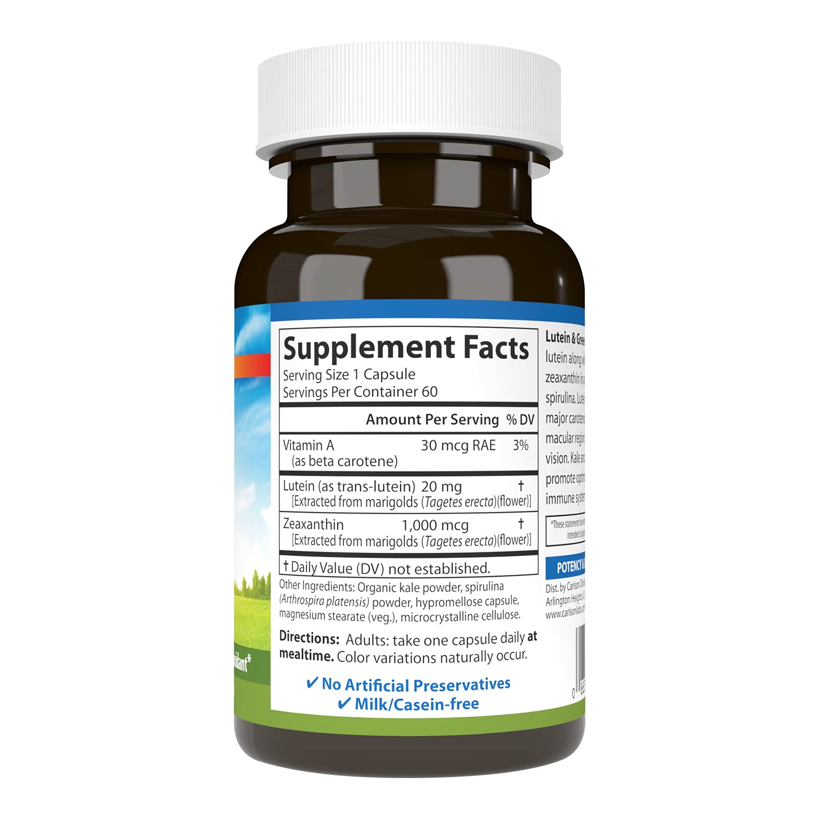 Carlson Lutein et Greens — extrait kale et spiruline pour soutenir l'énergie naturelle.