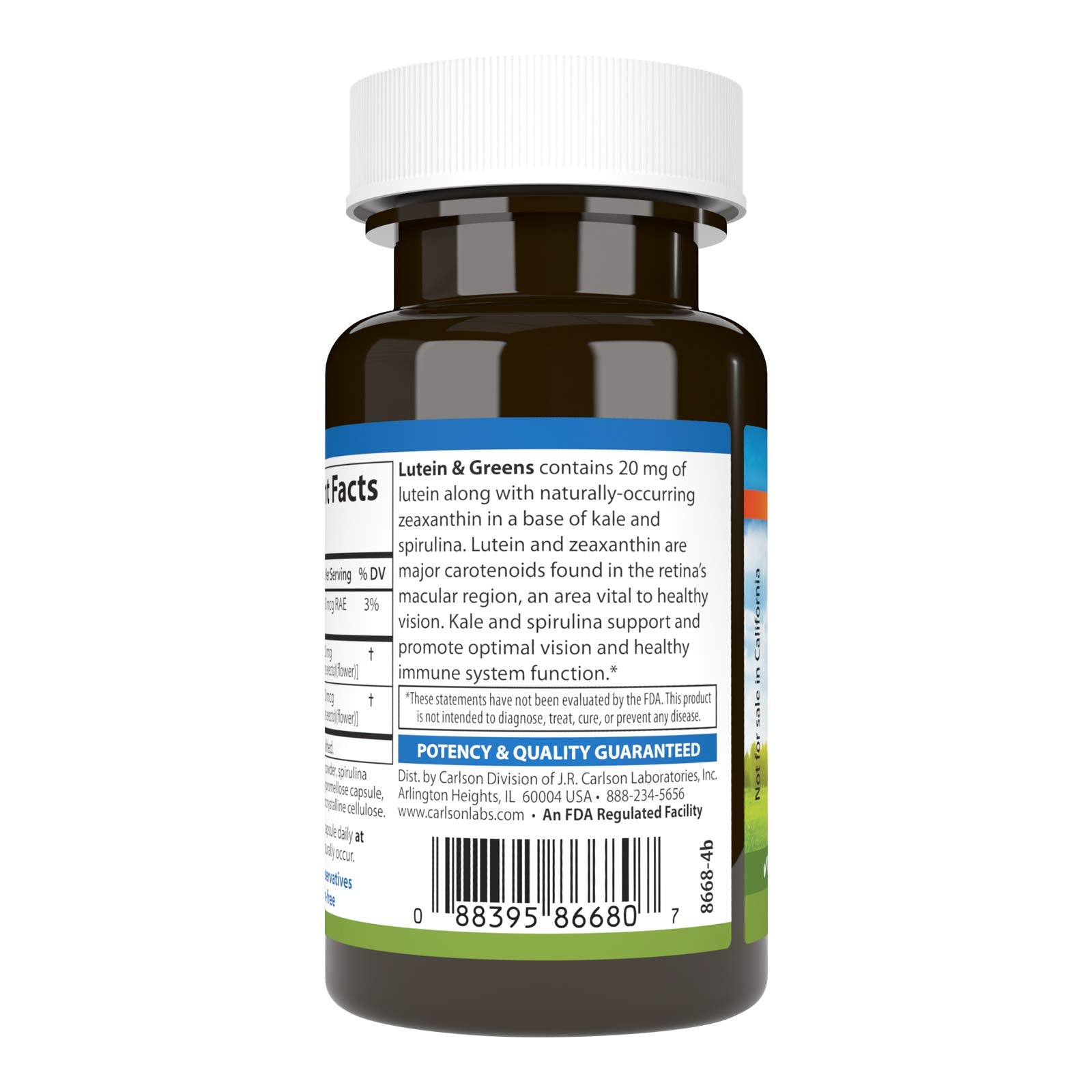 Carlson Lutein et Greens étiquette lisible et informations qualité