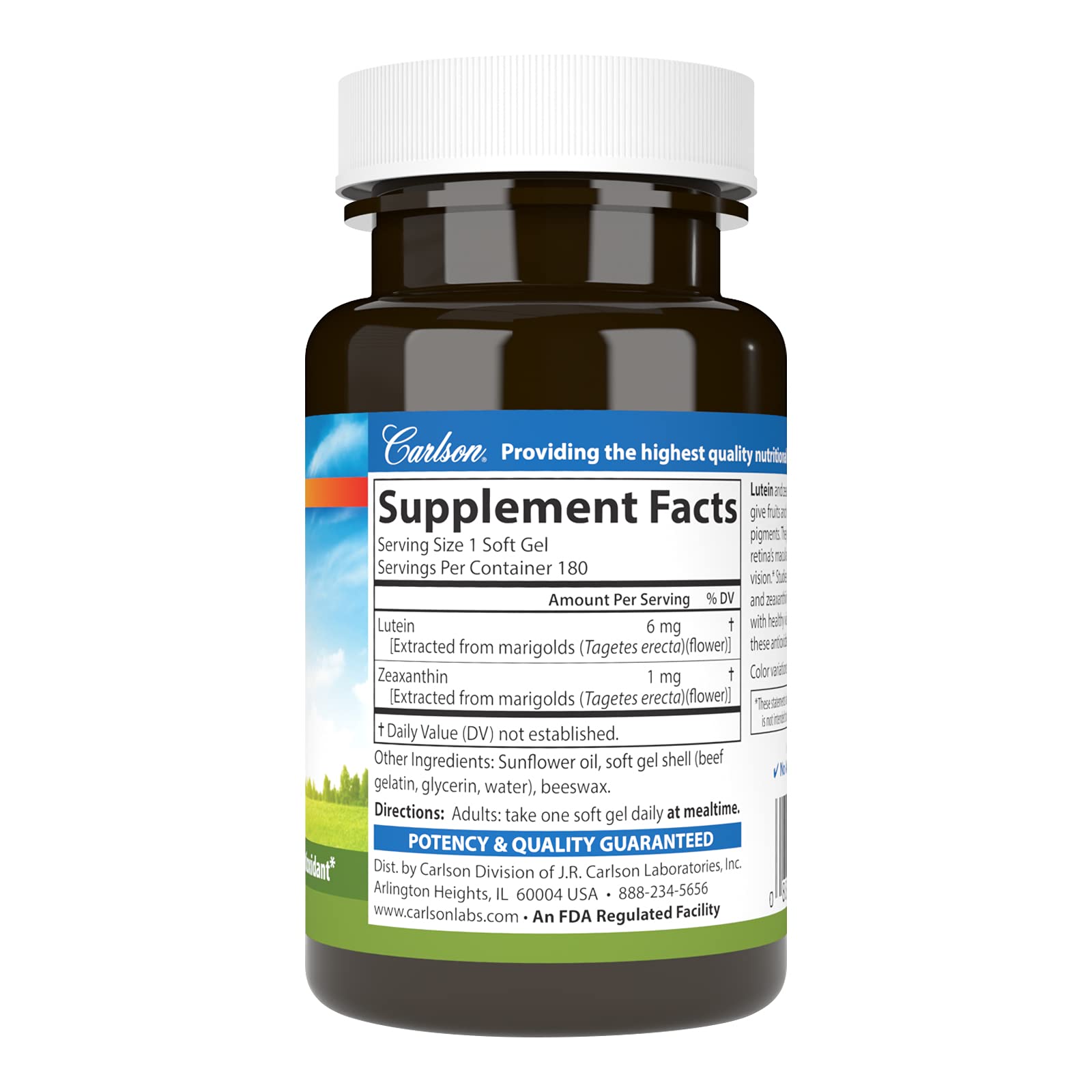 Carlson Lutein 6 mg – étiquette claire montrant la composition et la qualité.