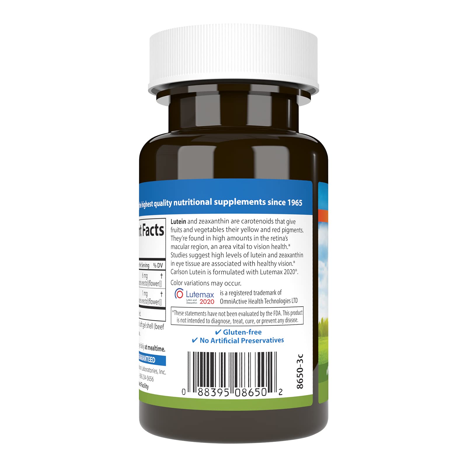 Carlson Luteine 6 mg – étiquette indiquant le soutien maculaire