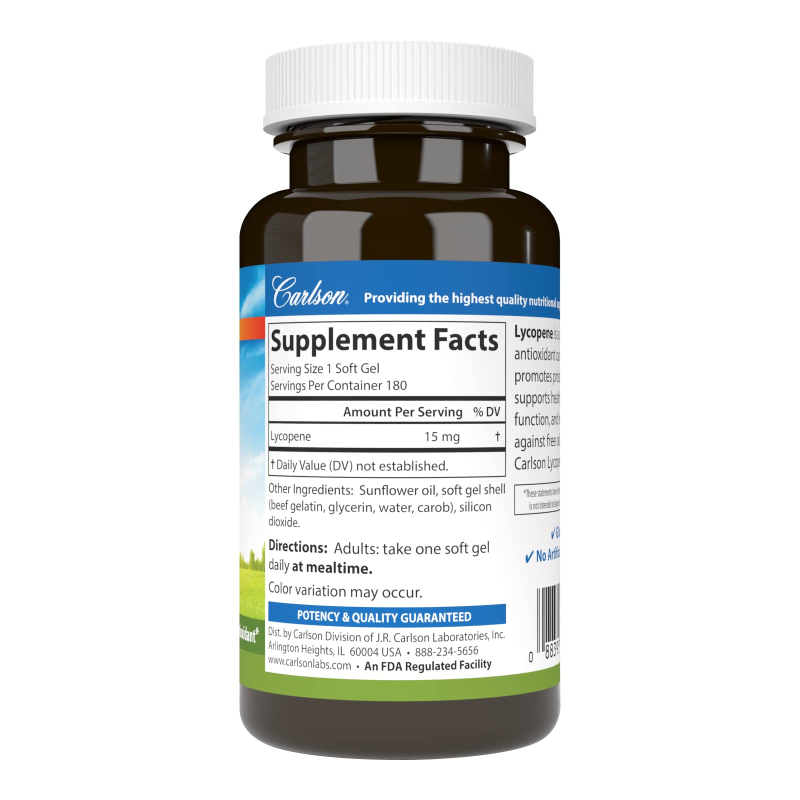 Carlson Lycopène 15 mg: gélules faciles à avaler pour la circulation.