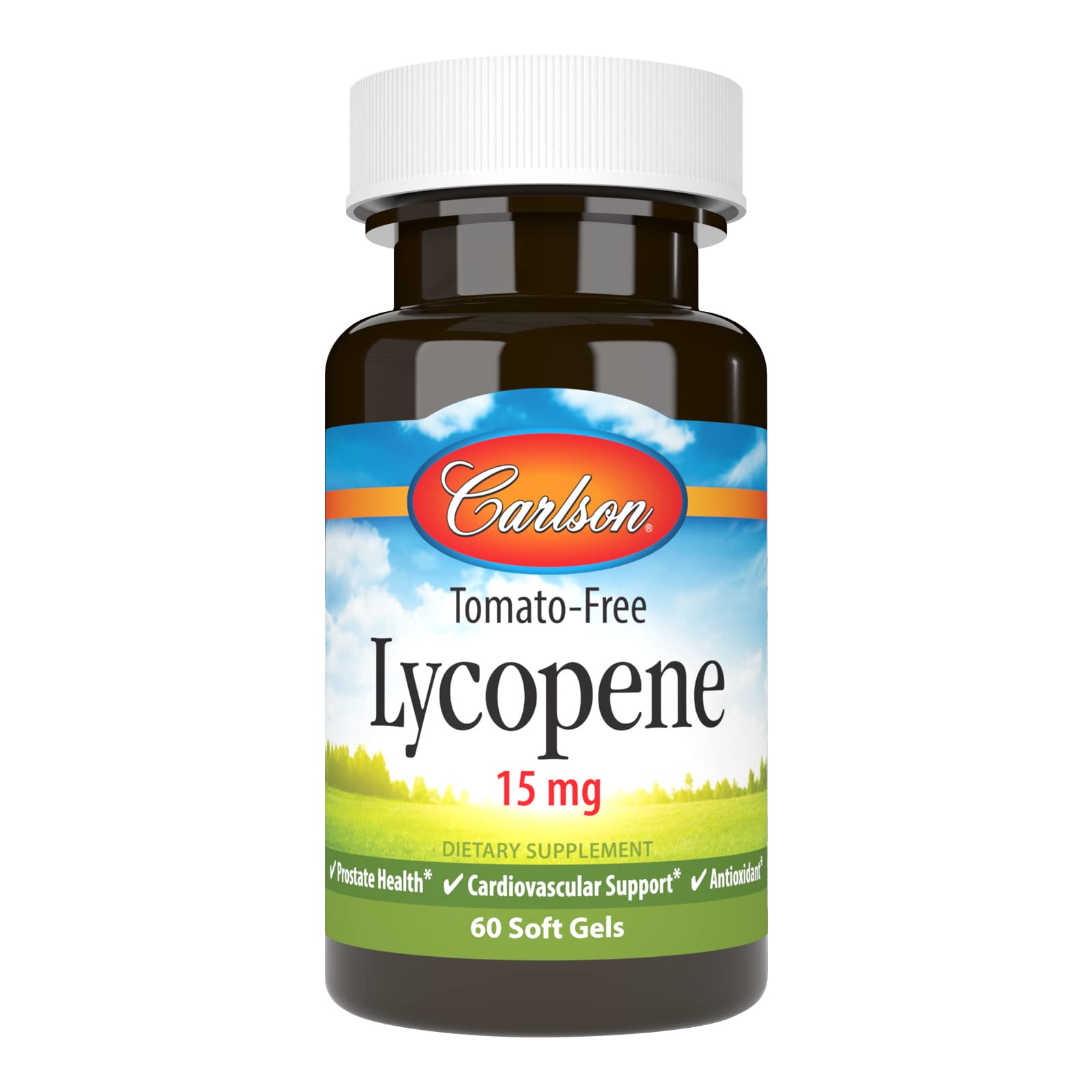Carlson Lycopène 15 mg sans tomate, bouteille présente, pour un soutien potentiel de la vitalité quotidienne.