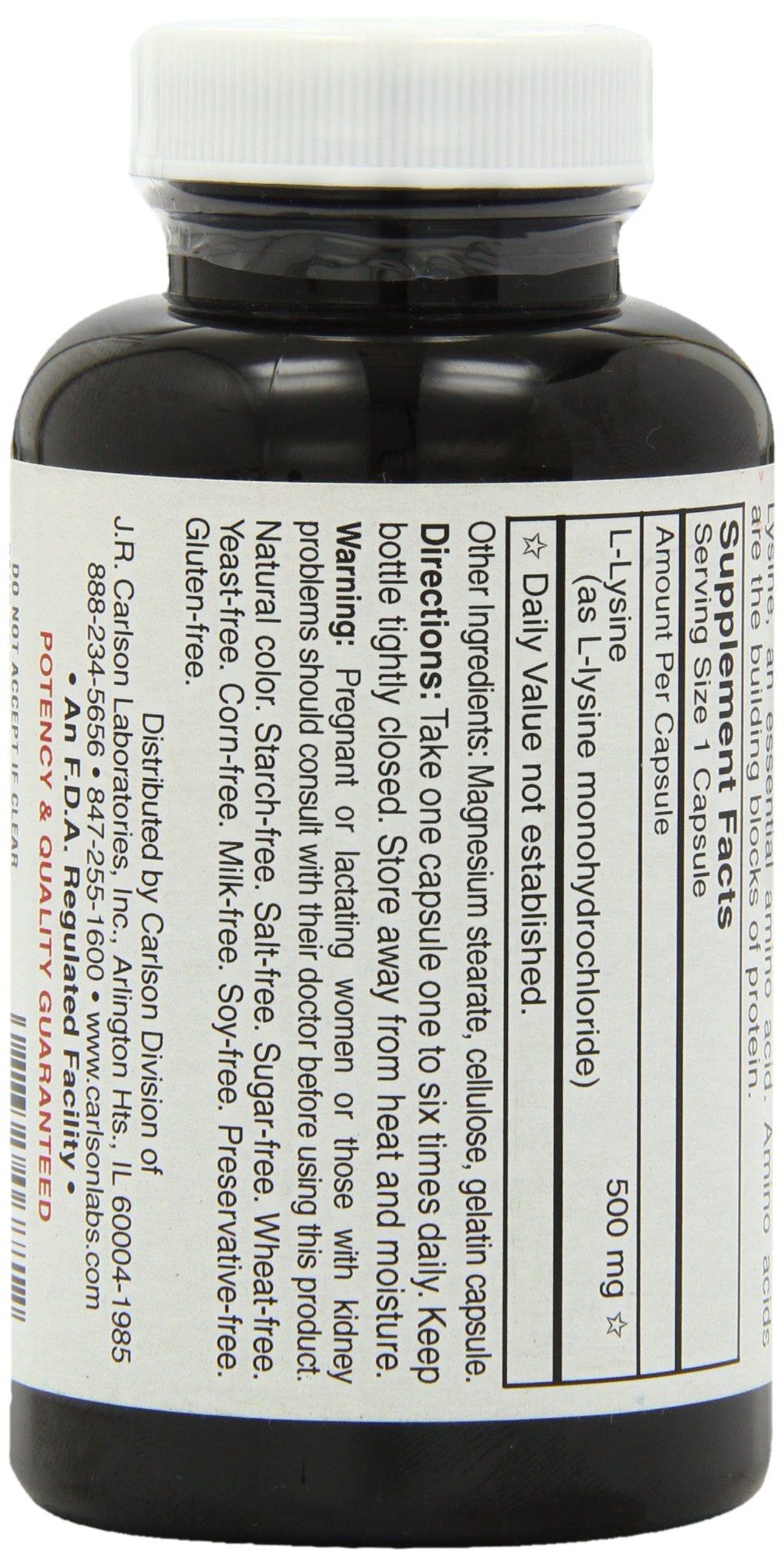 Carlson L-Lysine 500 mg, boîte ouverte montre le contenu