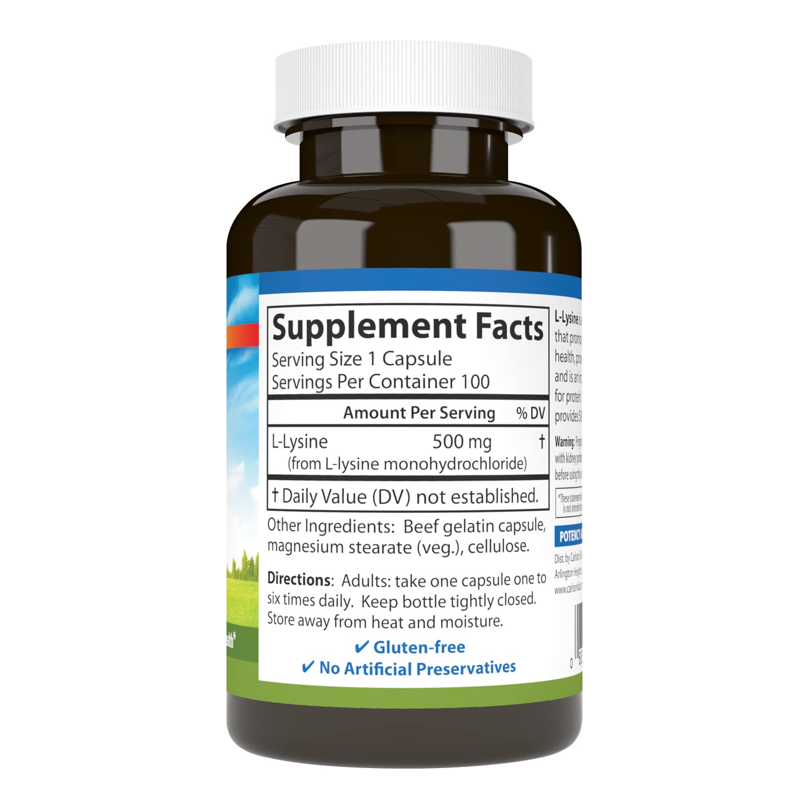 Carlson L-Lysine 500 mg, étiquette claire et informative