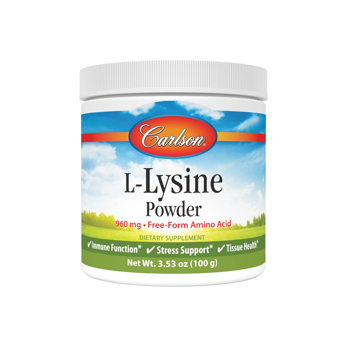 Carlson L-Lysine poudre en bouteille, dosage facile et absorption potentielle.
