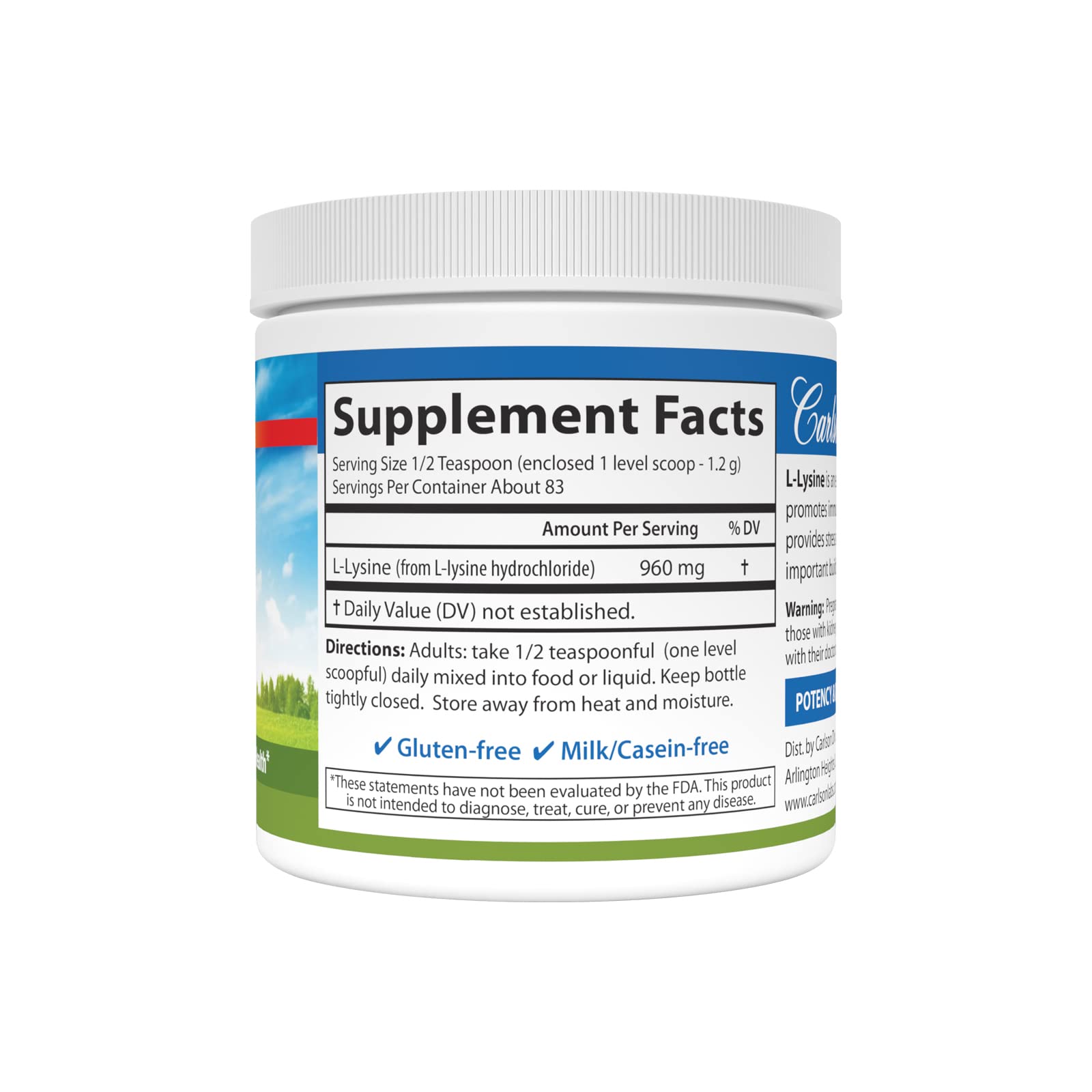 Carlson L-Lysine demi cuilleree, dosage precis pour routine quotidienne.