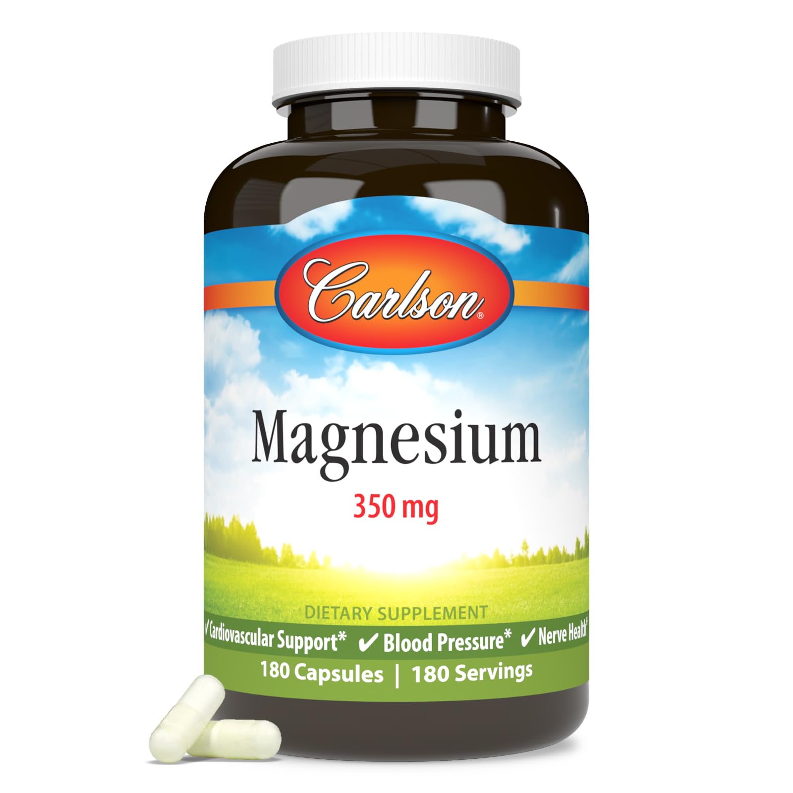 Carlson Magnésium 350 mg — bouteille avec gélules, soutien potentiel du système cardiovasculaire.