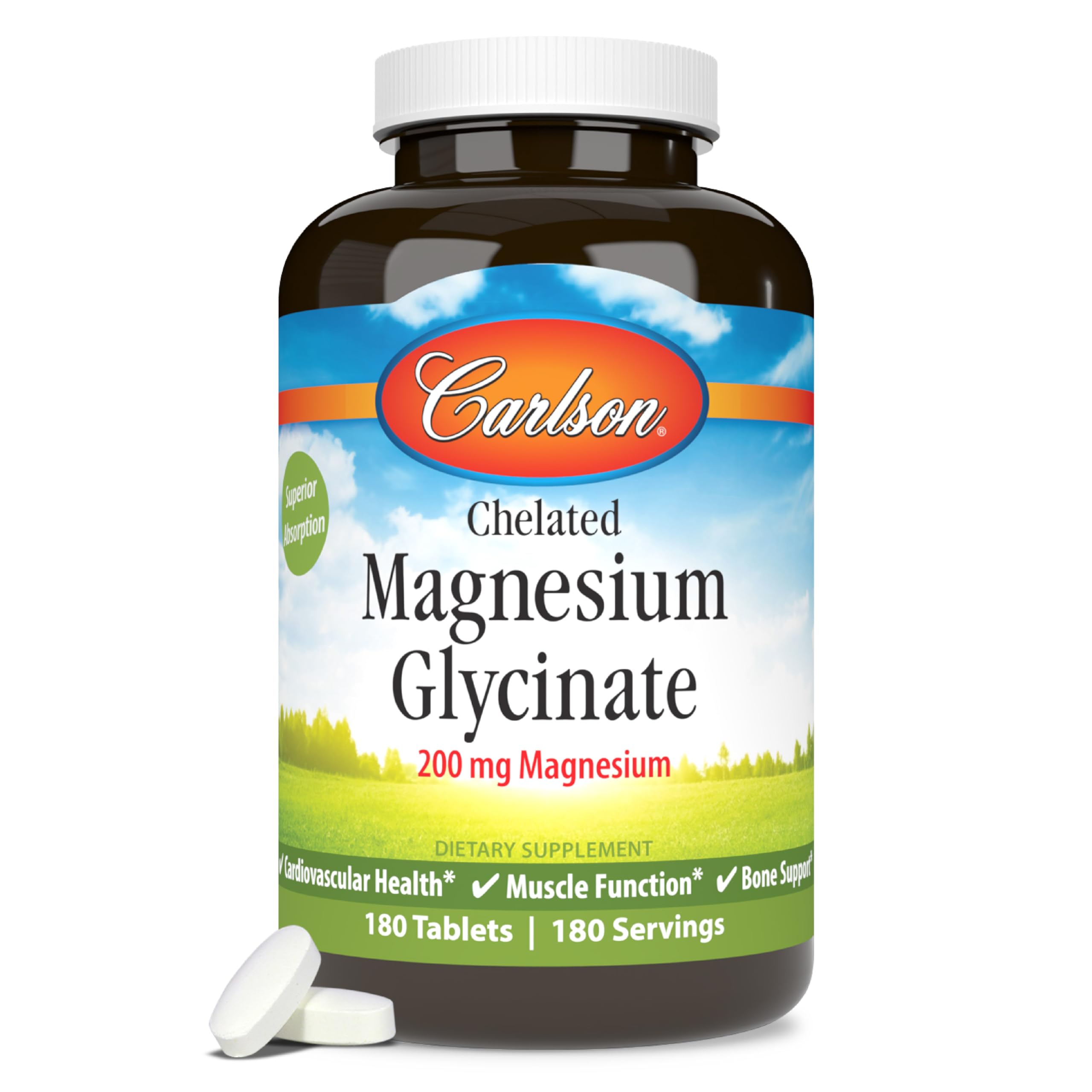 Carlson Magnésium Chelaté 200 mg – bouteille, soutien potentiel à l'énergie et au système nerveux