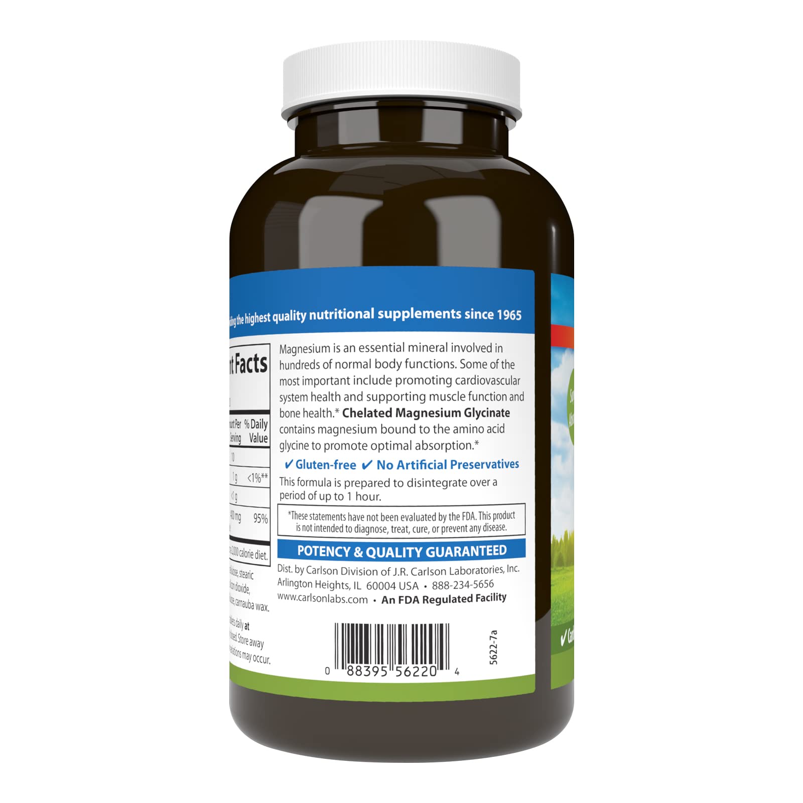 Carlson Magnesium Glycinate 200 mg – bouteille et bouchon, assurance qualité perçue.