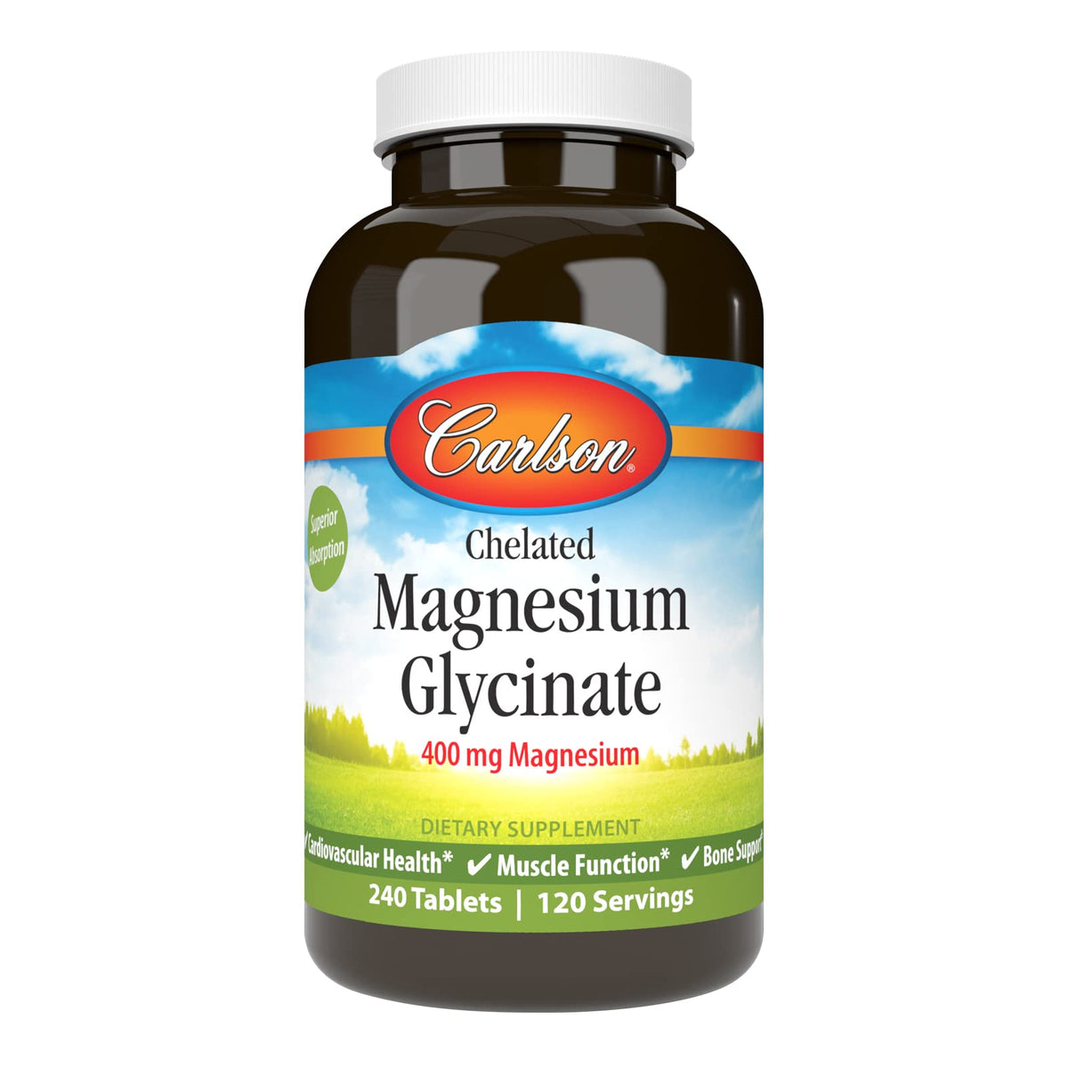 Carlson Magnesium Glycinate 200 mg – emballage élégant, prise quotidienne facilitée.