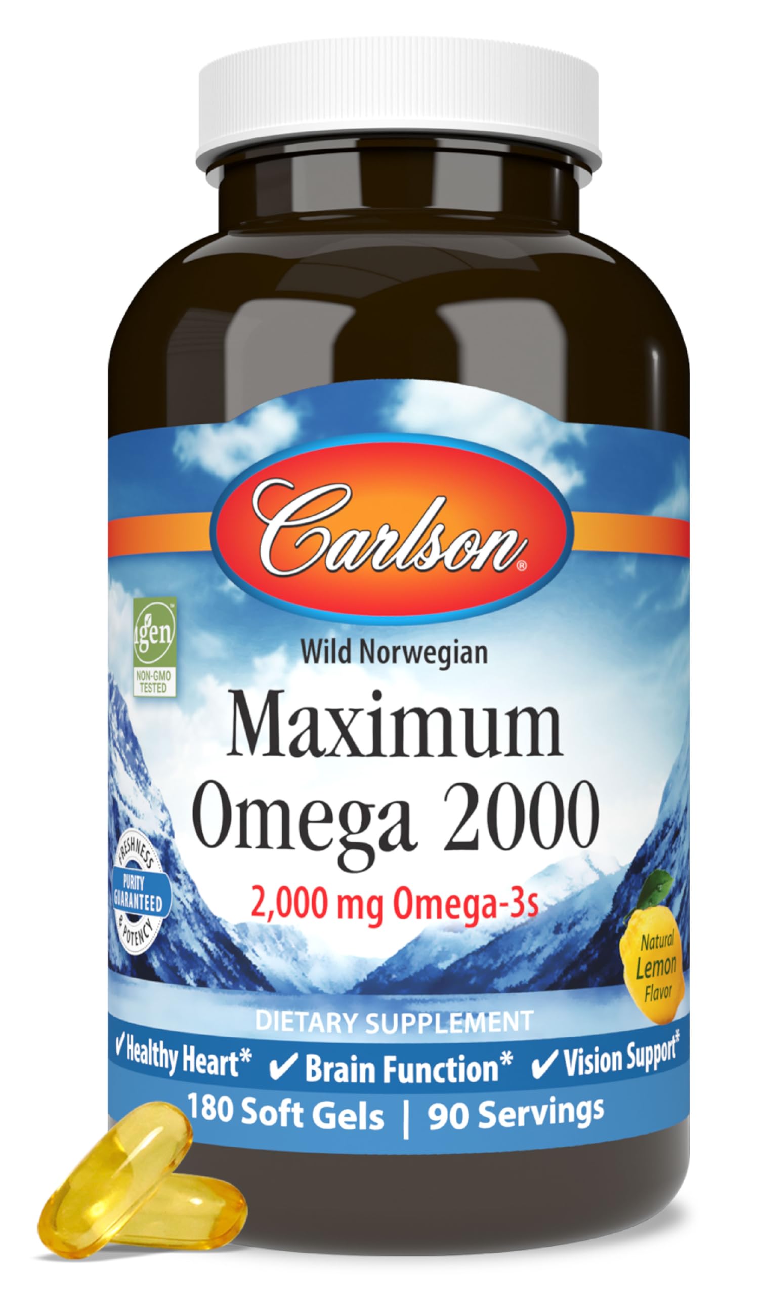 Carlson Maximum Omega 2000 – bouteille gélules citronnées, soutien potentiel à la vitalité quotidienne