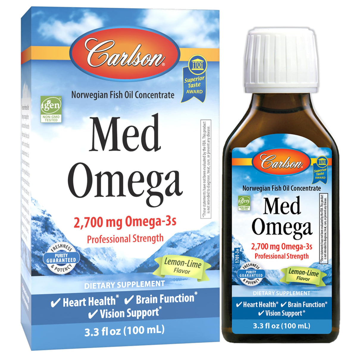 Carlson Med Omega citron-lime-bouteille, pour un apport oméga-3 pratique et frais.