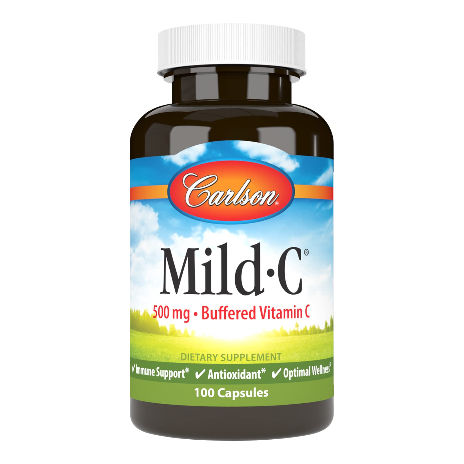 Carlson Mild-C 500 mg, bouteille et étiquette visibles.