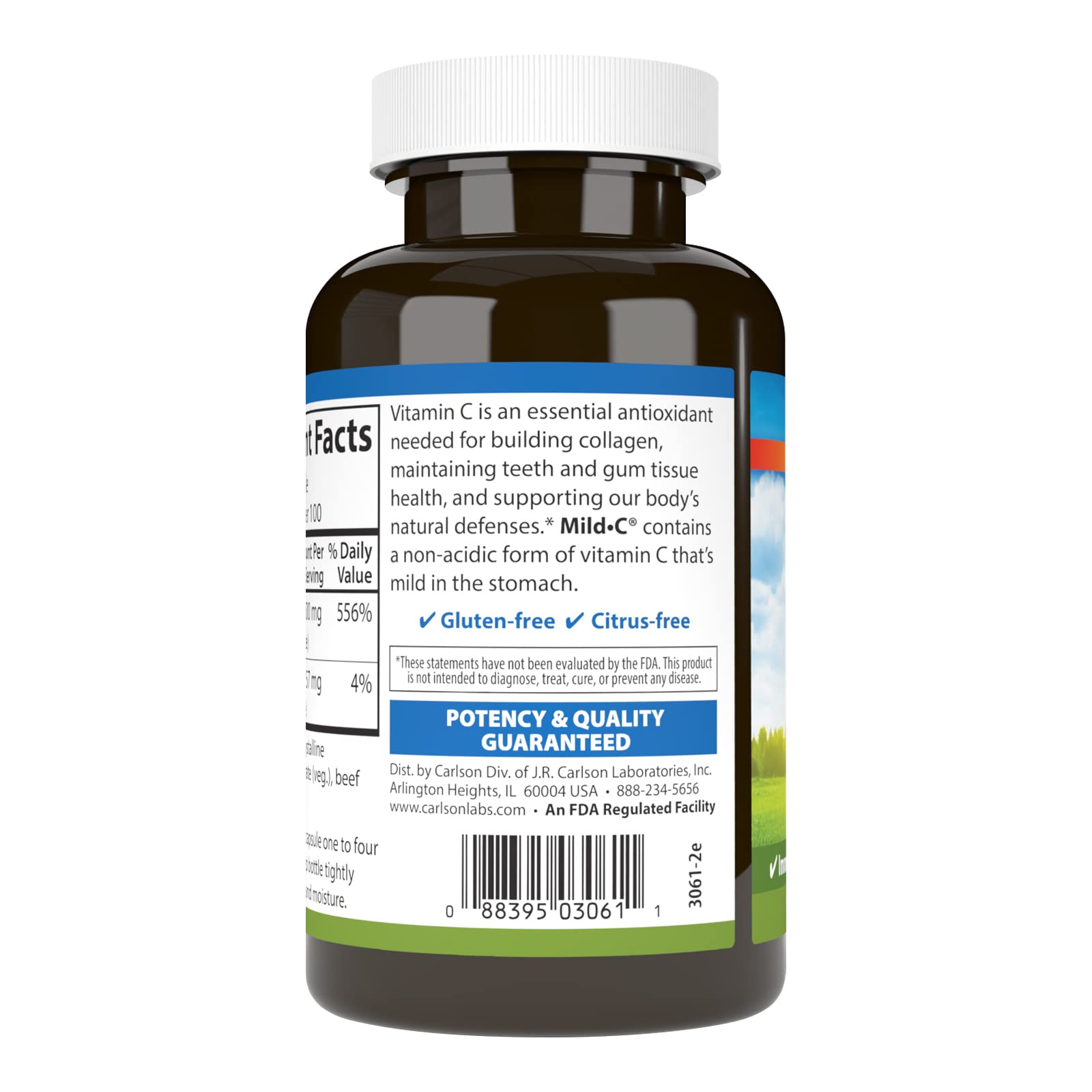 Carlson Mild-C 500 mg, gros plan sur l'étiquette détaillée.