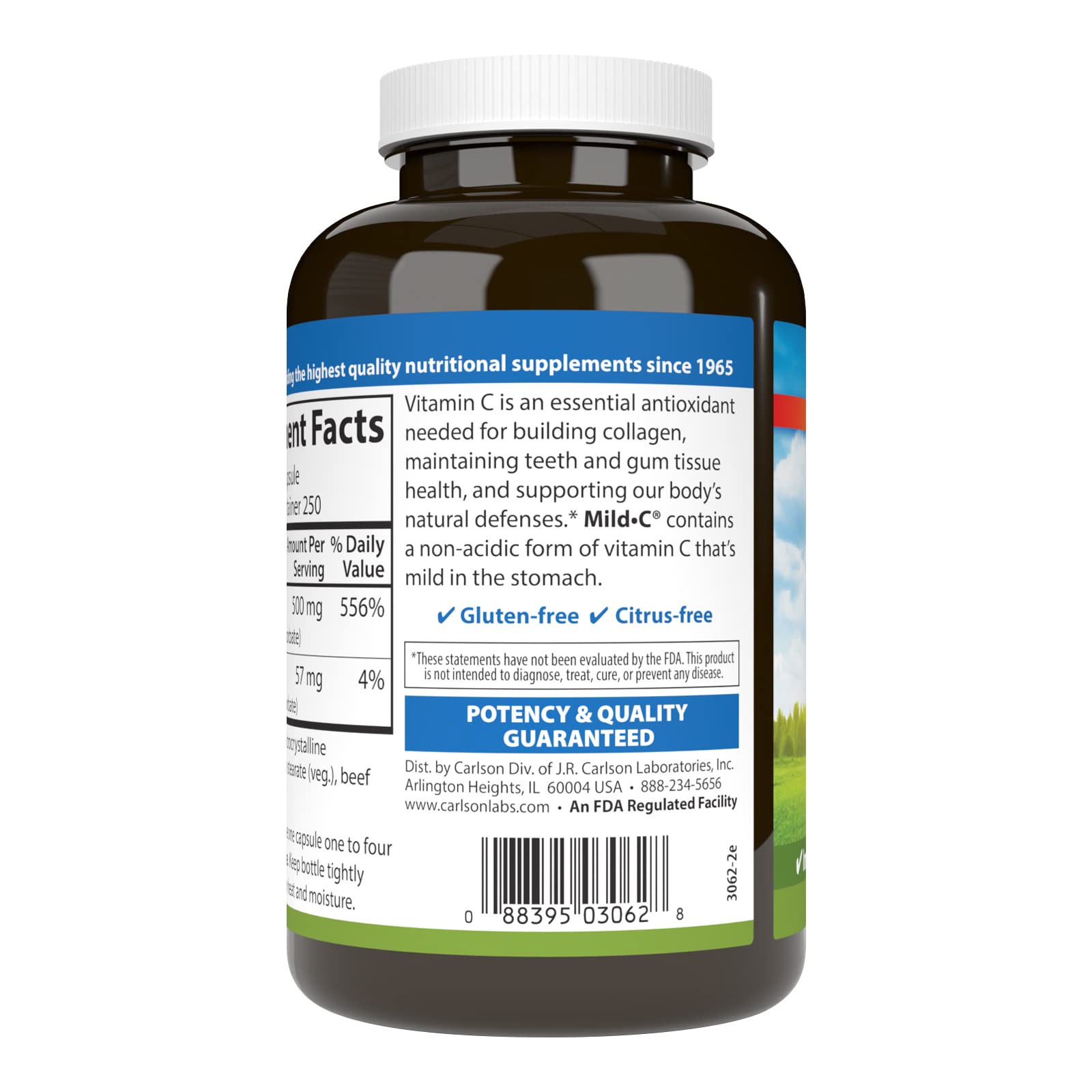 Carlson Mild-C: étiquette-produit claire avec les ingrédients et le dosage.